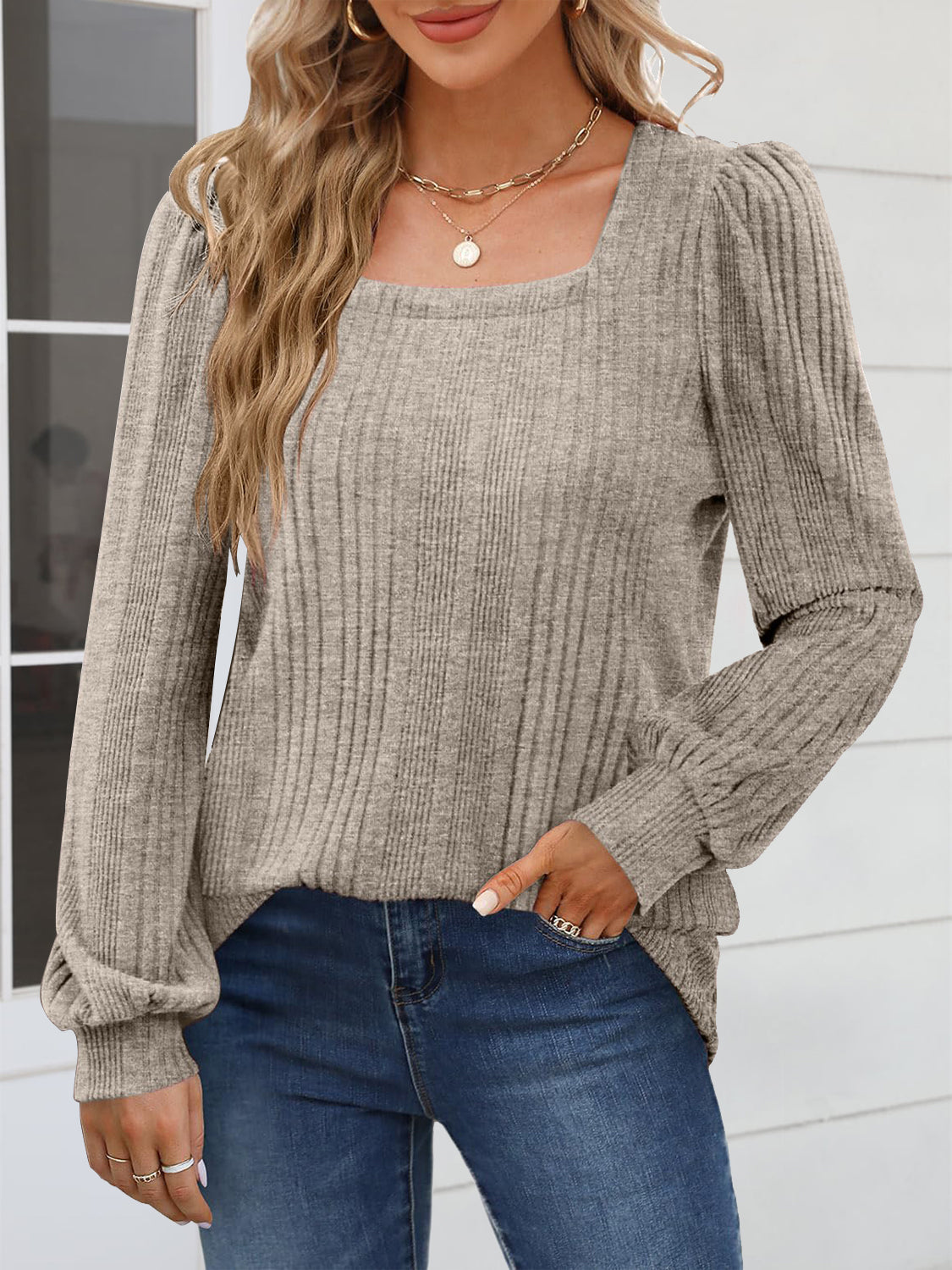 Square Neck Long Sleeve Blouse