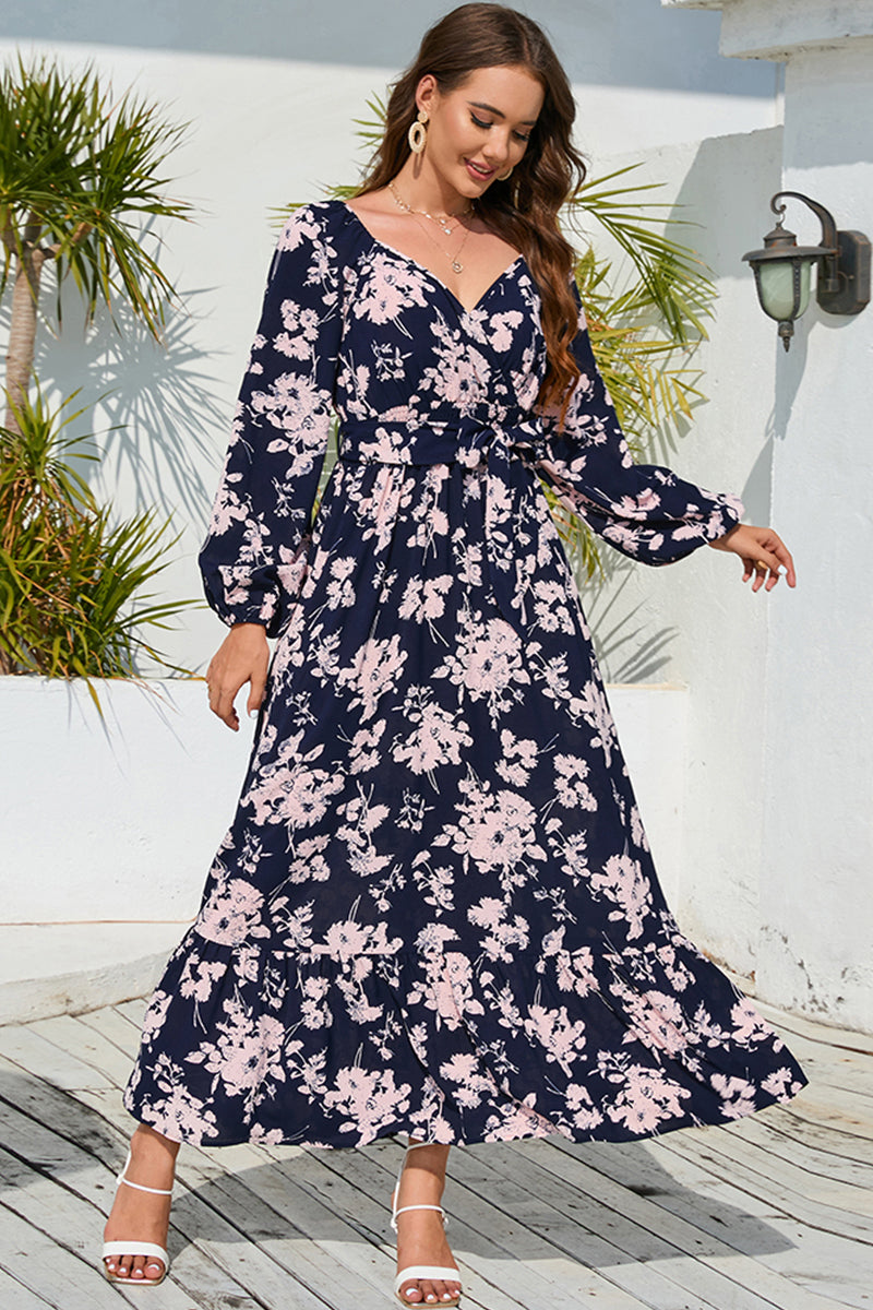 Floral Print V-Neck Long Sleeve Maxi Dress - ClozArt