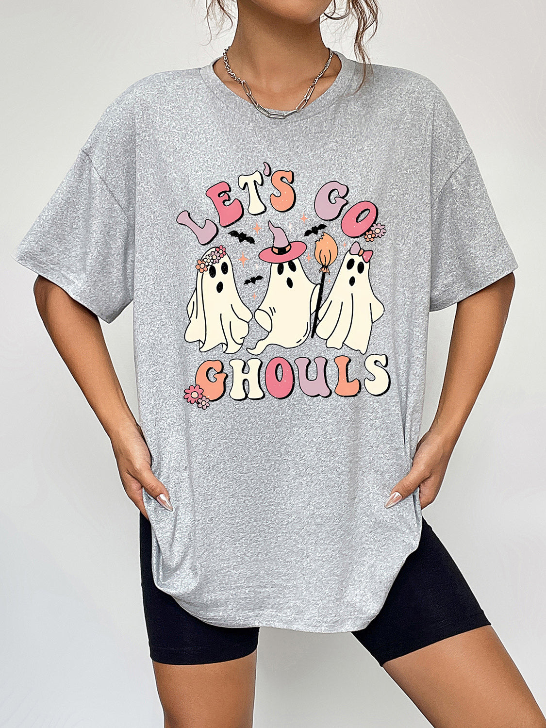 Round Neck Short Sleeve LET'S GO GHOULS Graphic T-Shirt