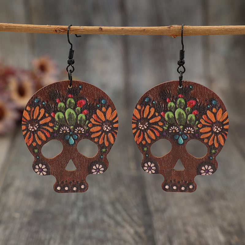 Alloy Hook Wooden Skeleton Earrings - ClozArt