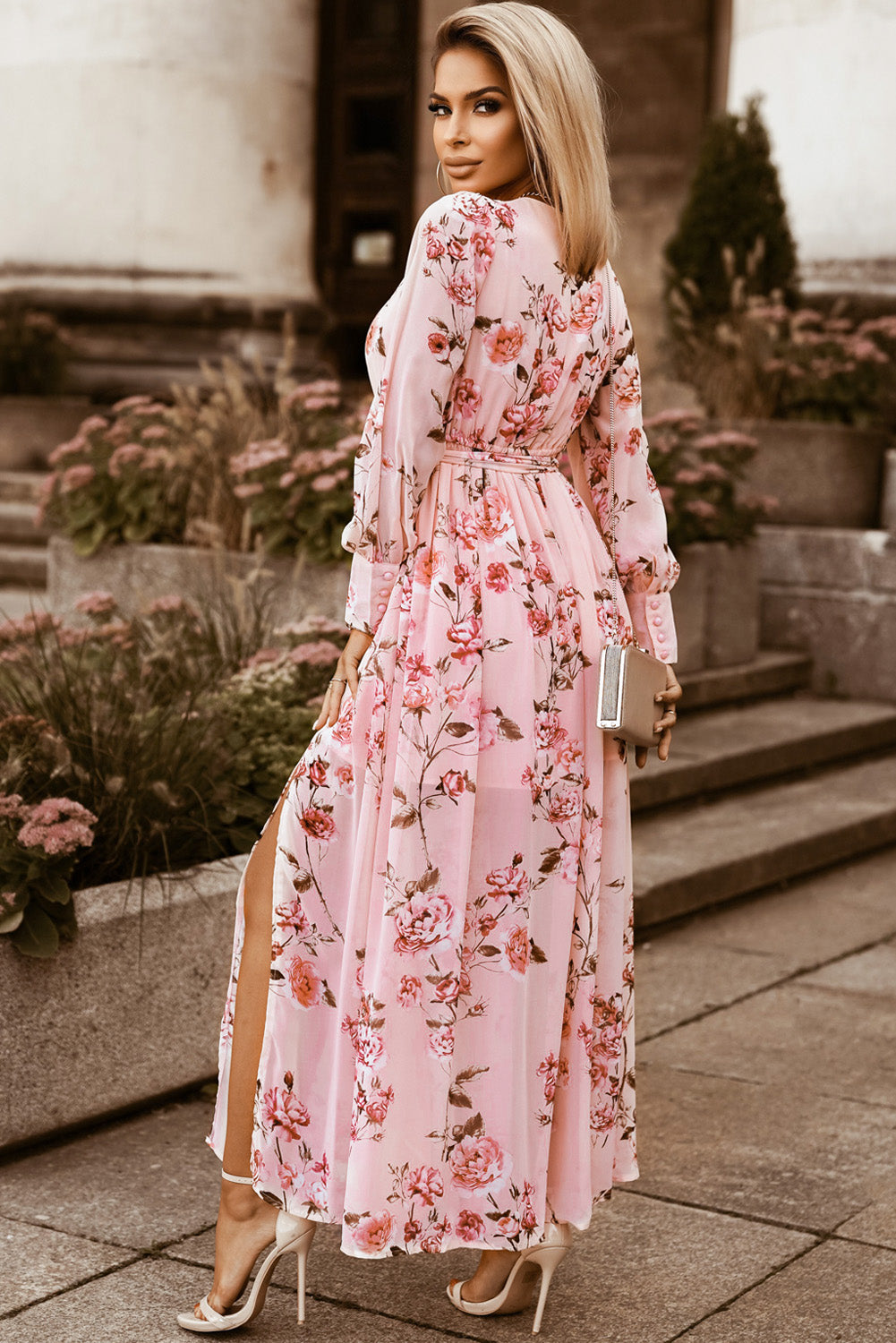 Floral Tie Belt Bishop Sleeve Slit Maxi Dress - ClozArt