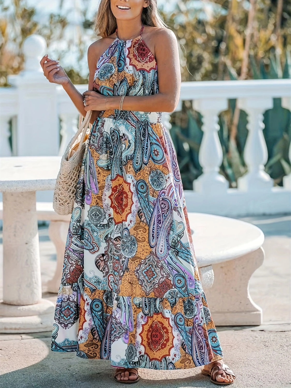 Printed Halter Neck Maxi Dress - ClozArt