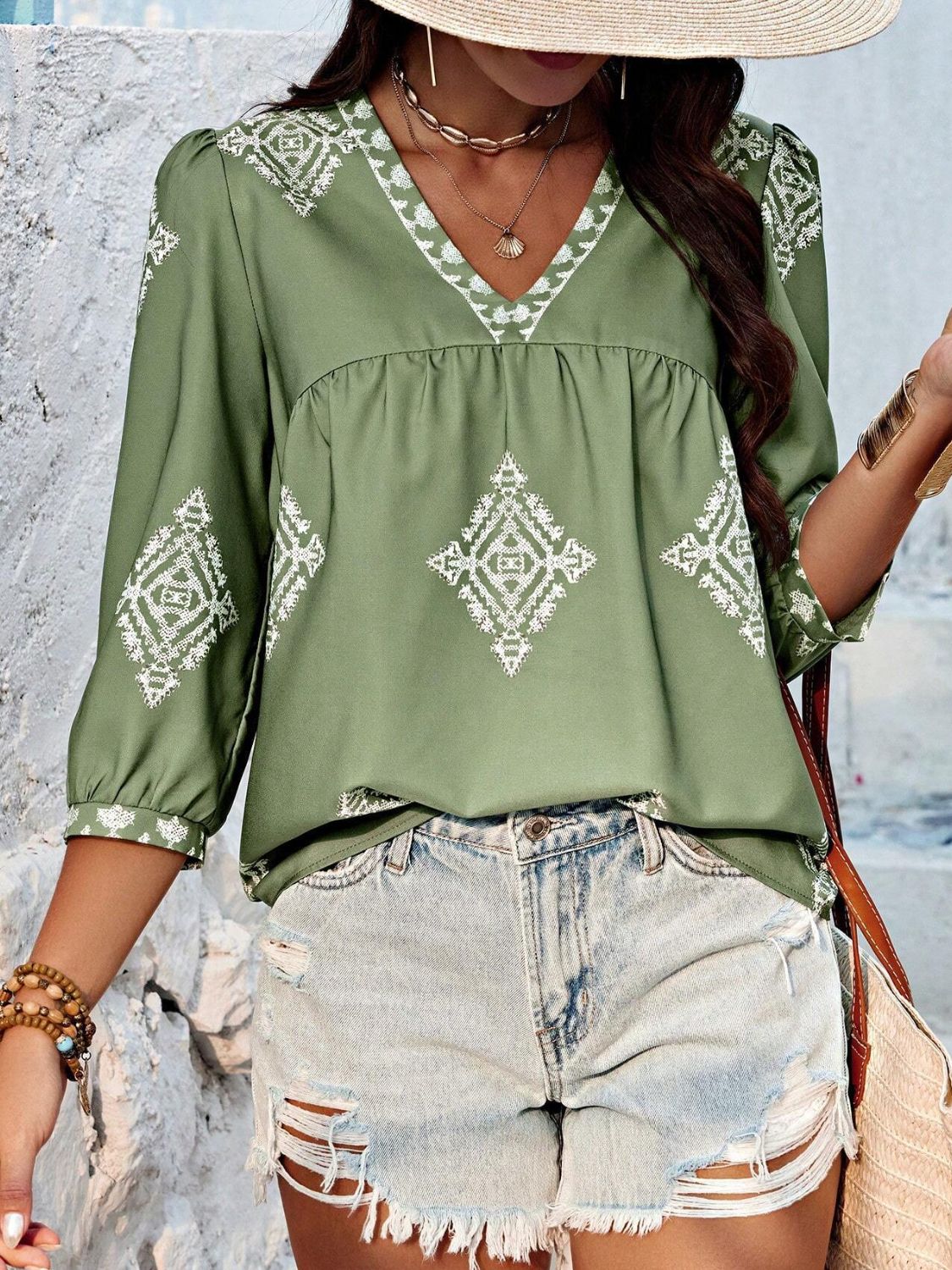 Printed V-Neck Three-Quarter Sleeve Blouse