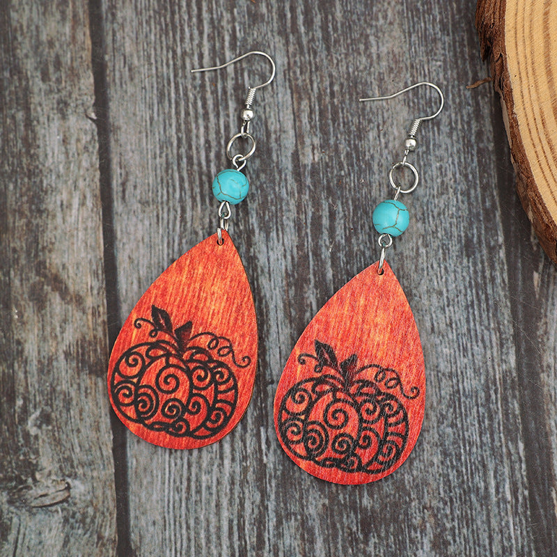 Turquoise Wooden Pumpkin Teardrop Earrings - ClozArt