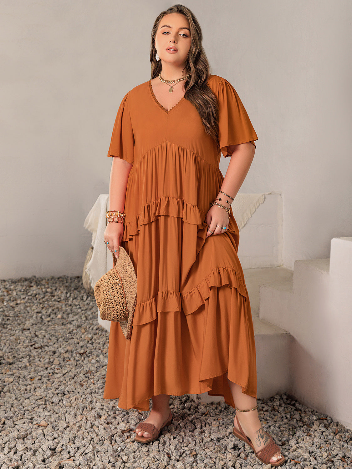 Plus Size V-Neck Flutter Sleeve Maxi Dress - ClozArt