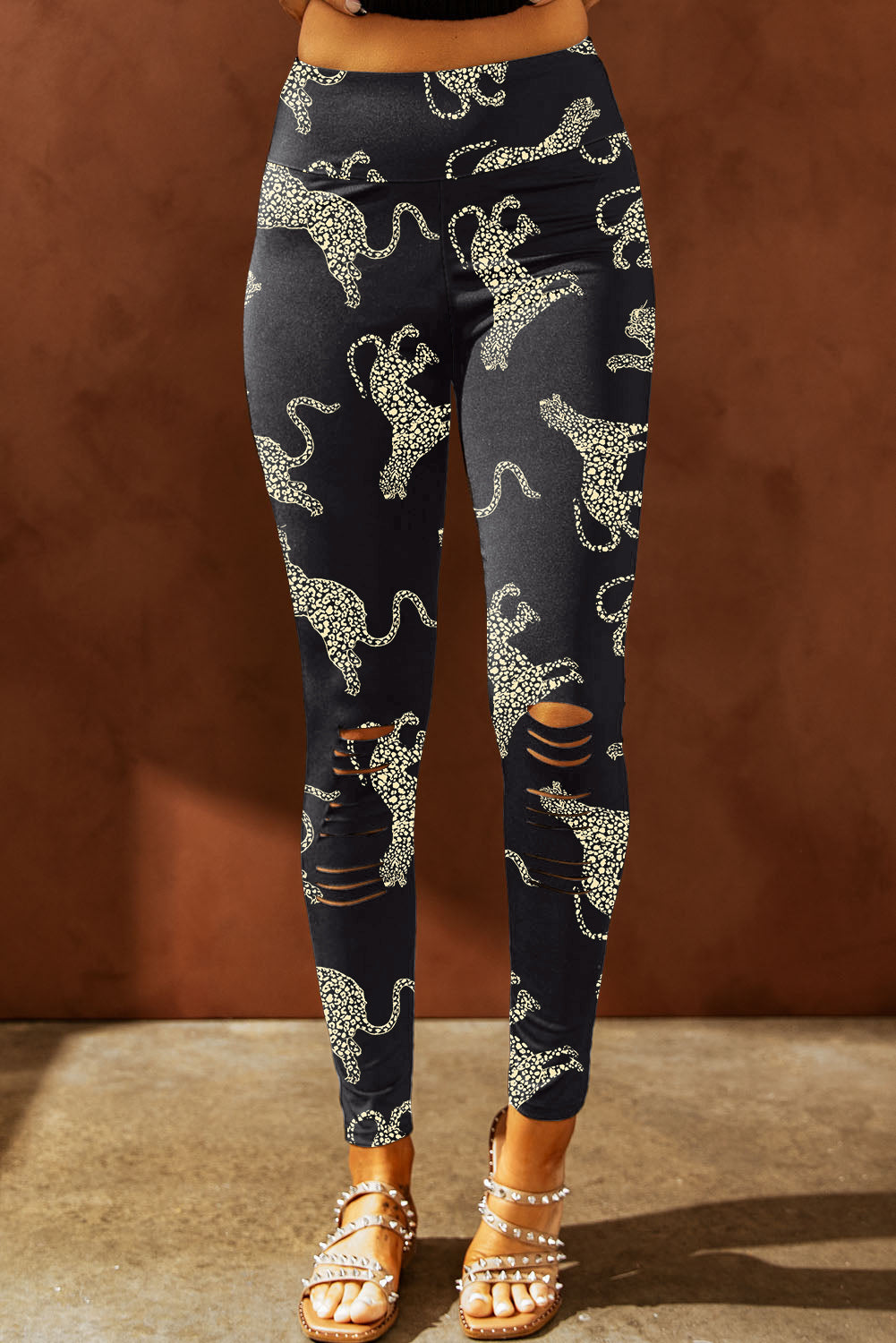 Animal Printed Distressed High Waist Leggings - ClozArt