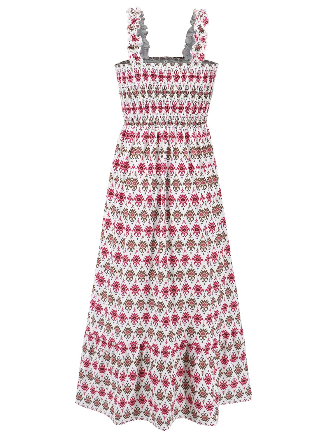 Smocked Printed Square Neck Sleeveless Dress - ClozArt