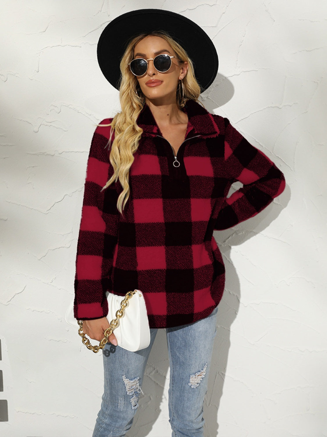 Shiny Plaid Half Zip Long Sleeve Sweatshirt