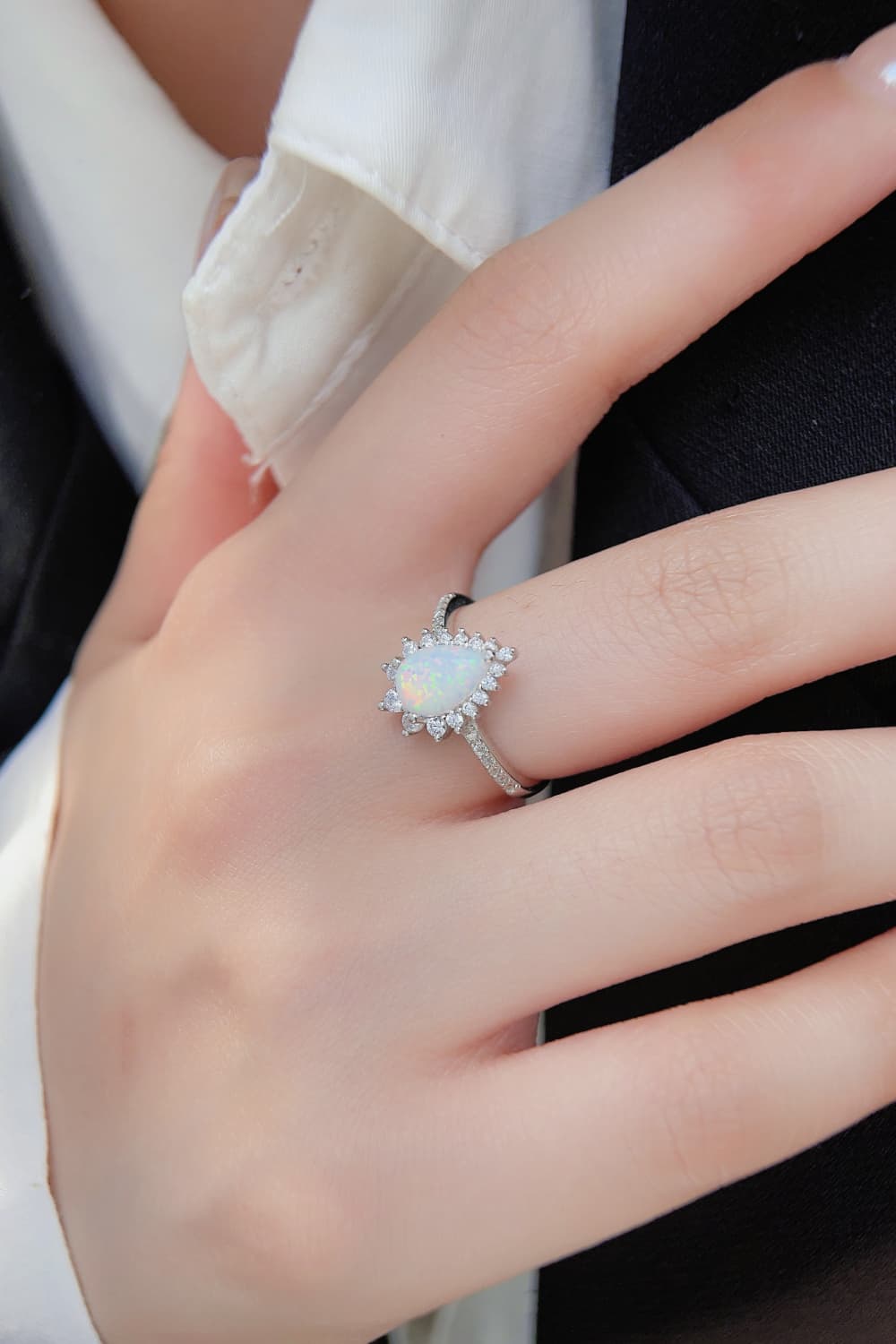 Platinum-Plated Opal Pear Shape Ring - ClozArt