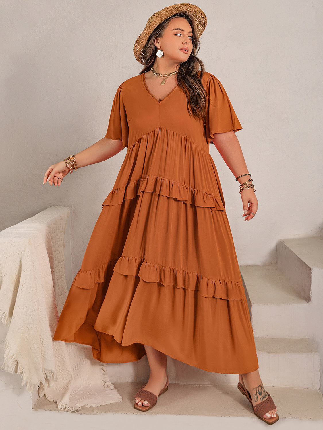 Plus Size V-Neck Flutter Sleeve Maxi Dress - ClozArt