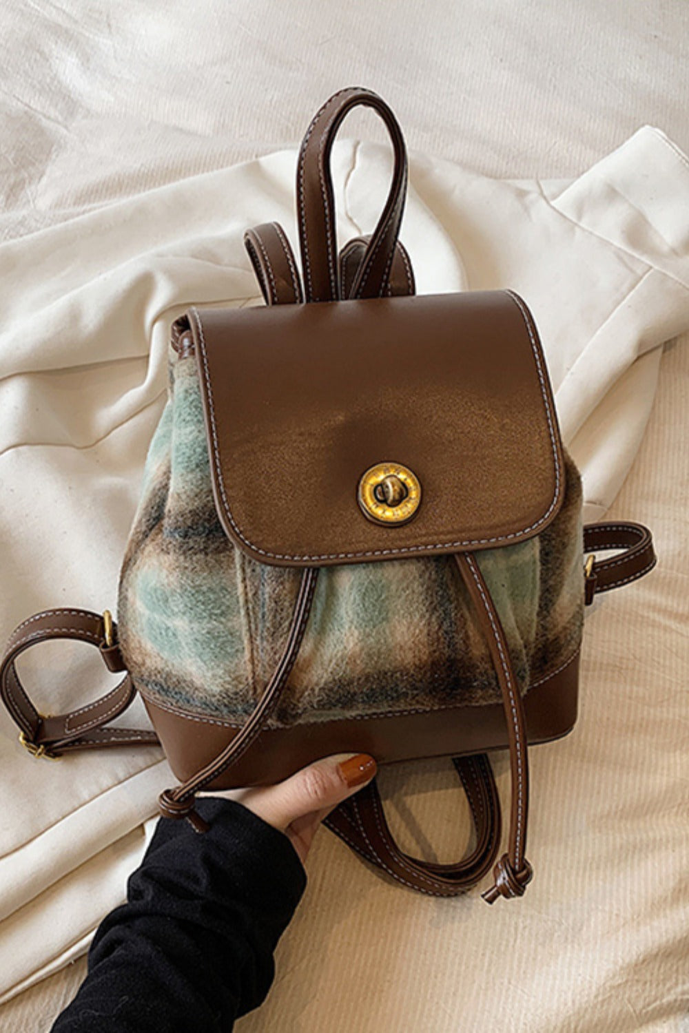 PU Leather Drawstring Plaid Backpack Bag - ClozArt