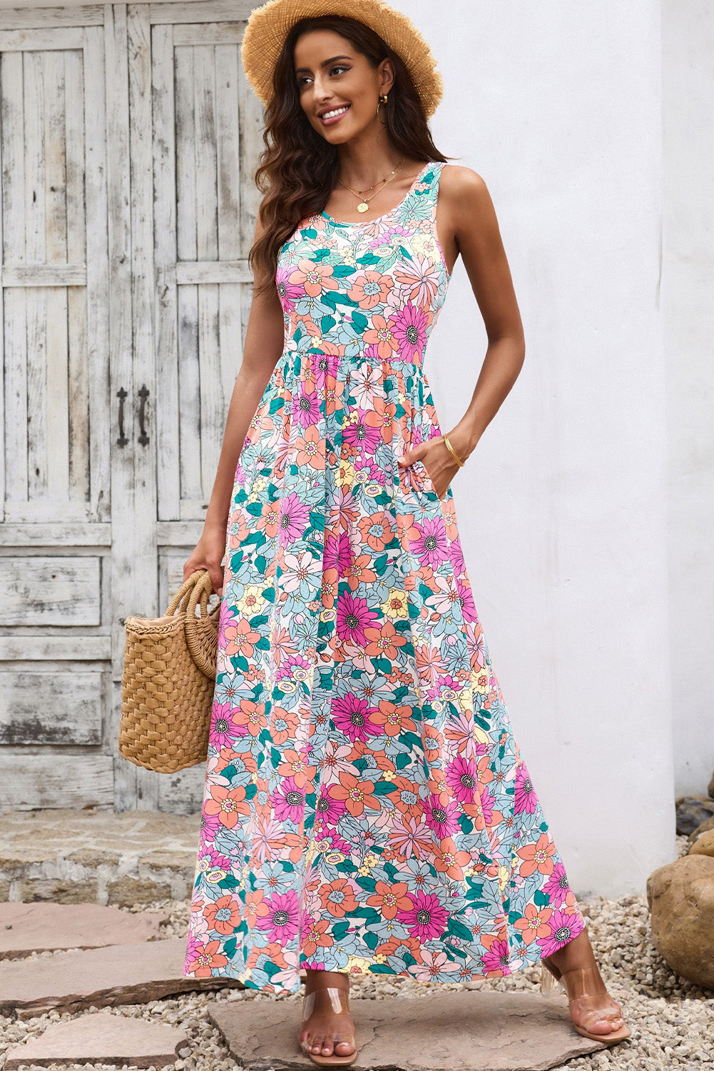 Round Neck Sleeveless Maxi Dress with Pockets - ClozArt