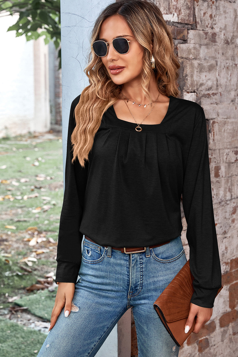 Ruched Square Neck Long Sleeve T-Shirt