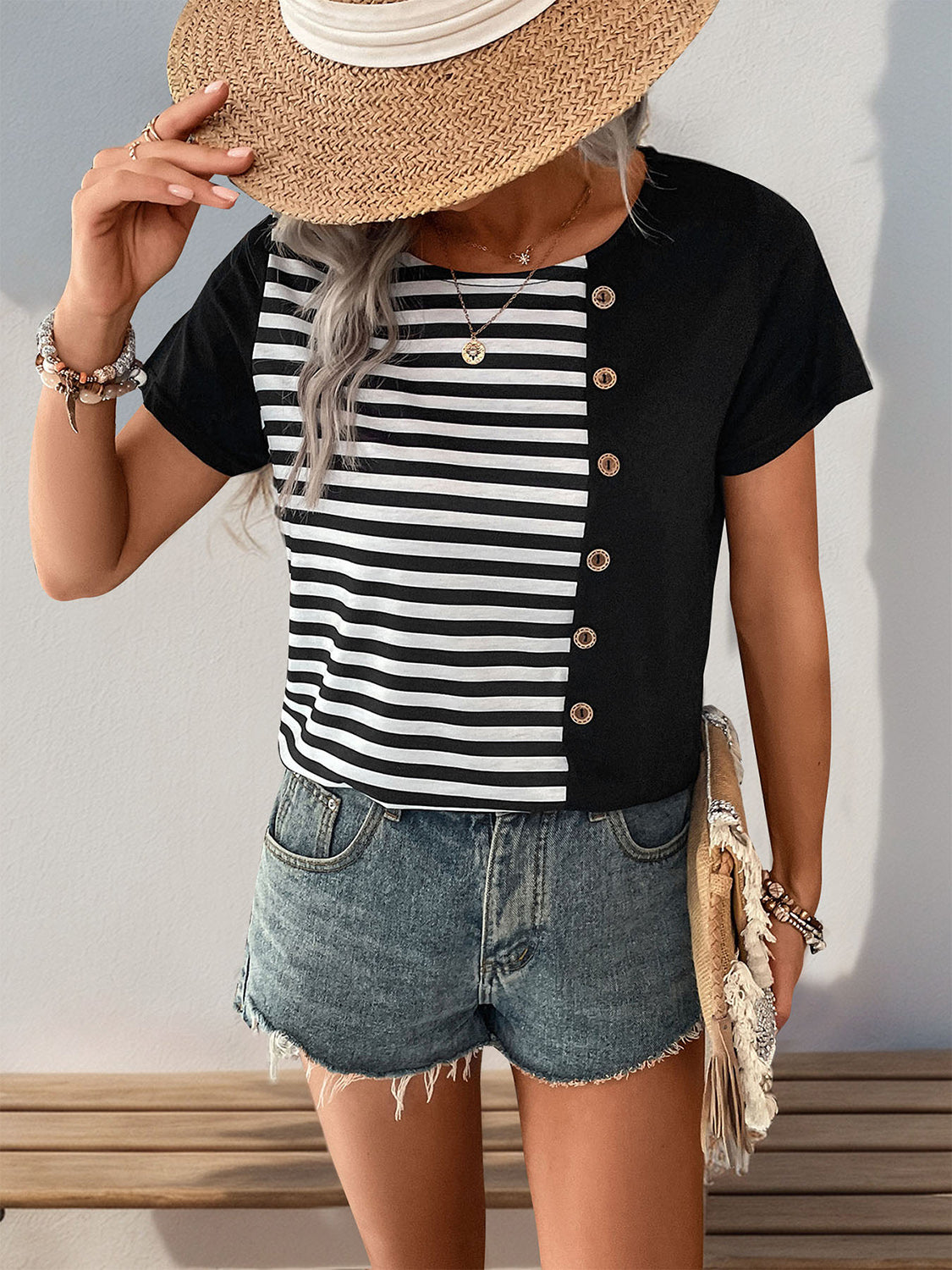 Perfee Striped Round Neck Short Sleeve T-Shirt