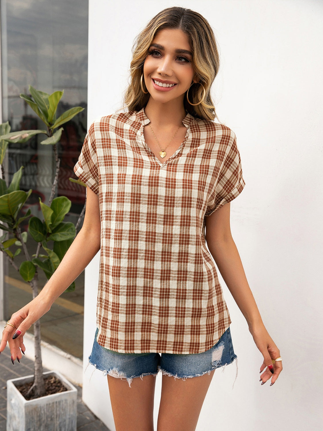 Ivy Lane Plaid Notched Short Sleeve Blouse