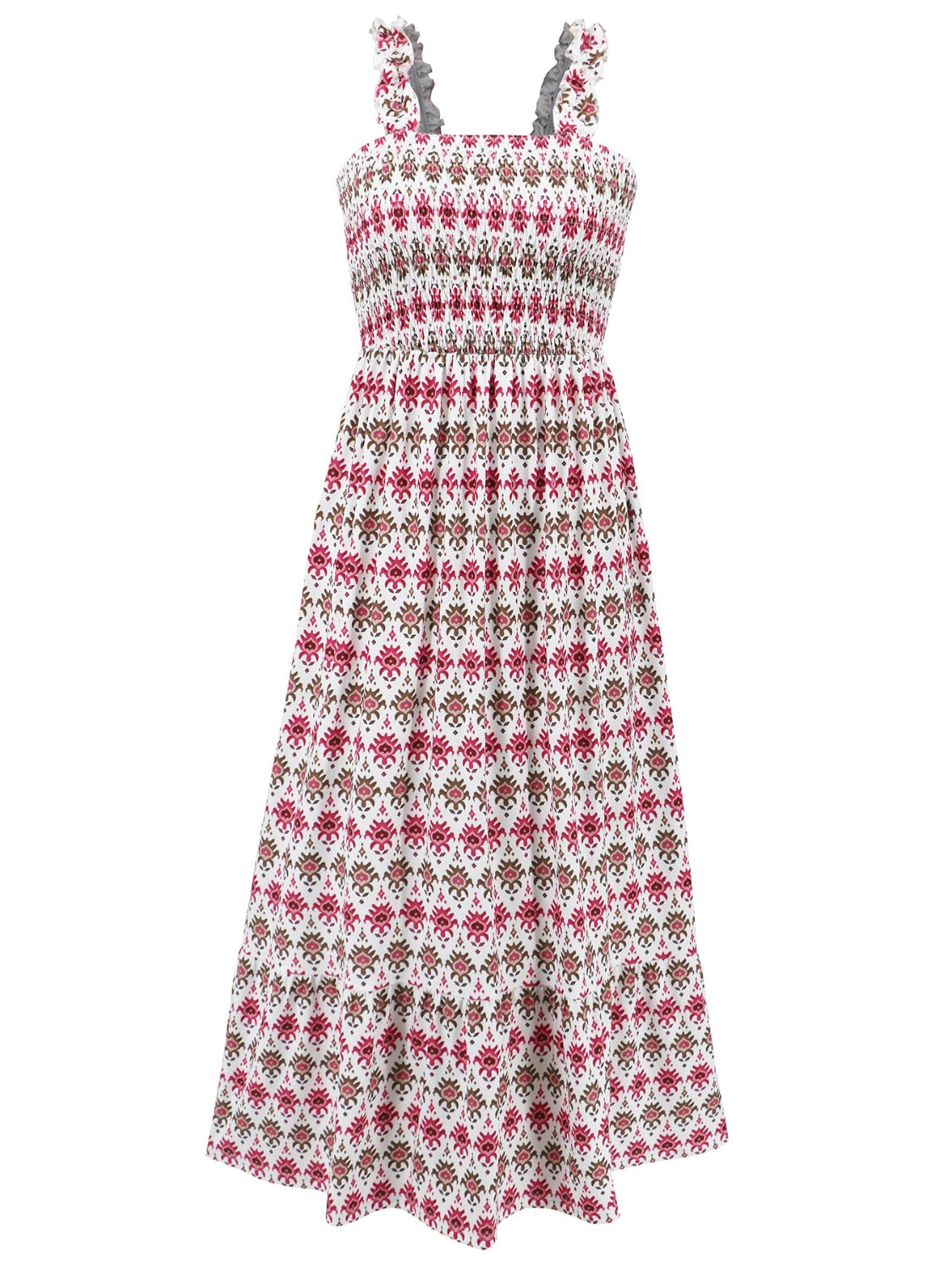 Smocked Printed Square Neck Sleeveless Dress - ClozArt