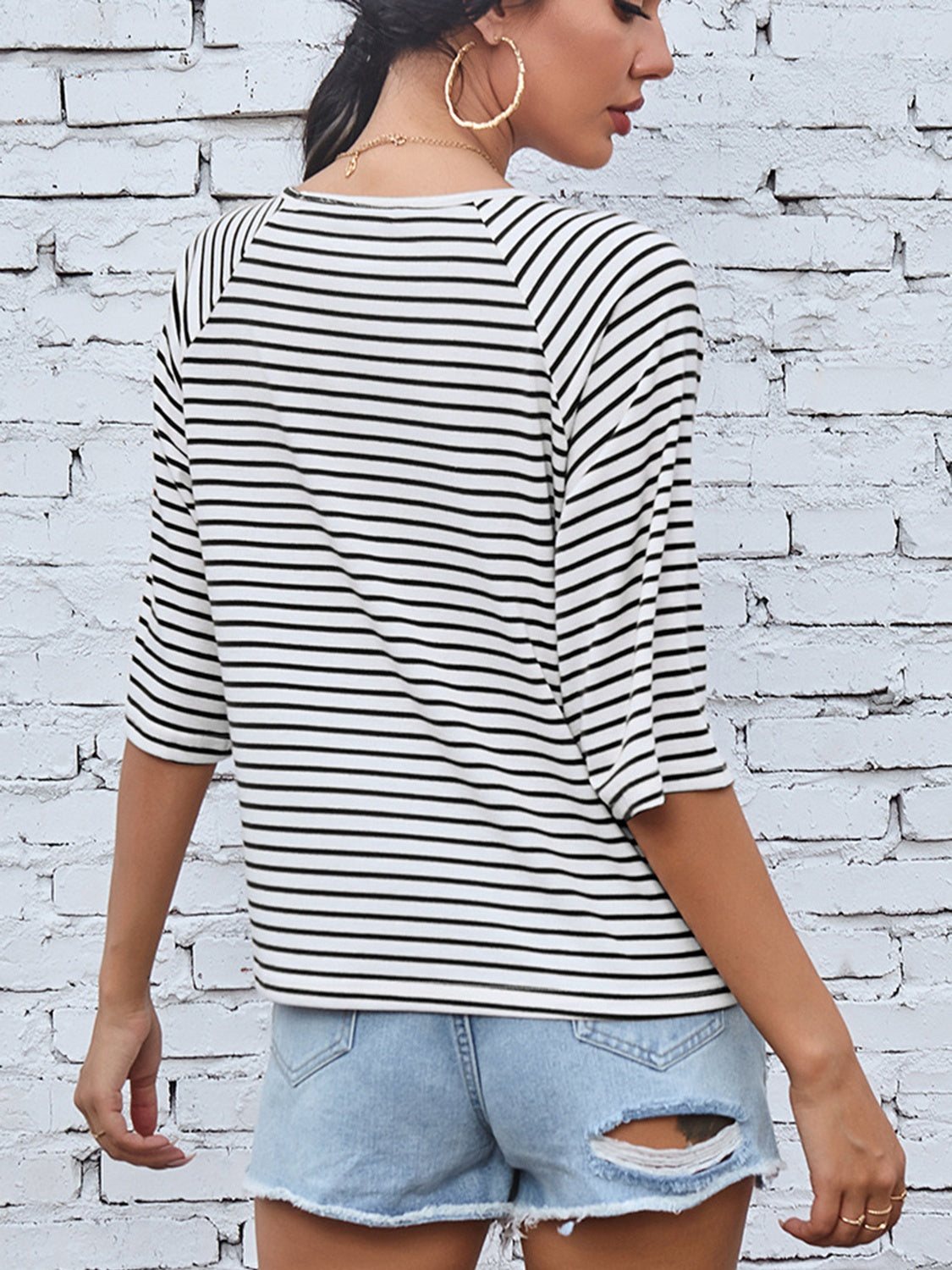 FAM-FAM Striped Round Neck Raglan Sleeve T-Shirt