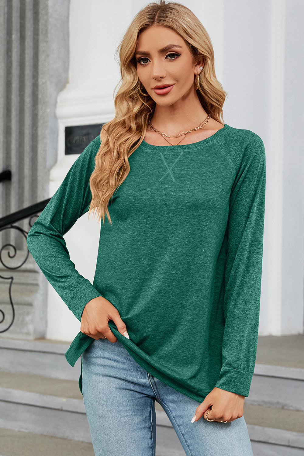 Heathered Round Neck Long Sleeve T-Shirt