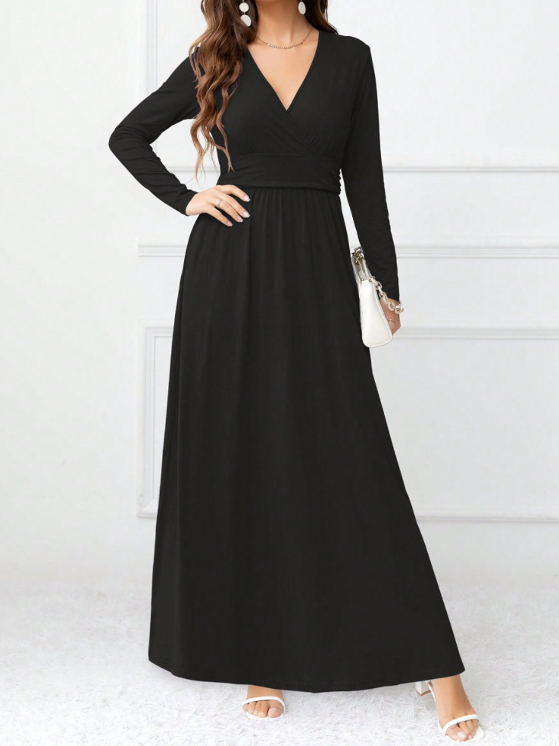 Pocketed Surplice Long Sleeve Maxi Dress - ClozArt