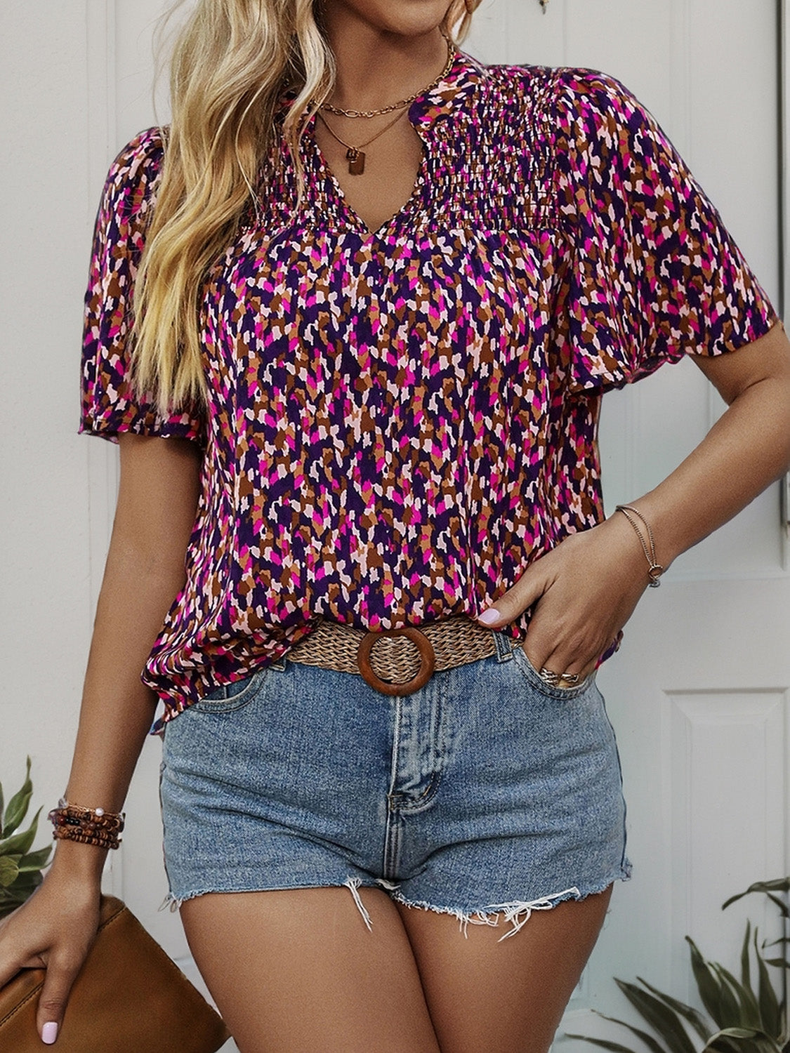 Perfee Printed Notched Flutter Sleeve Blouse