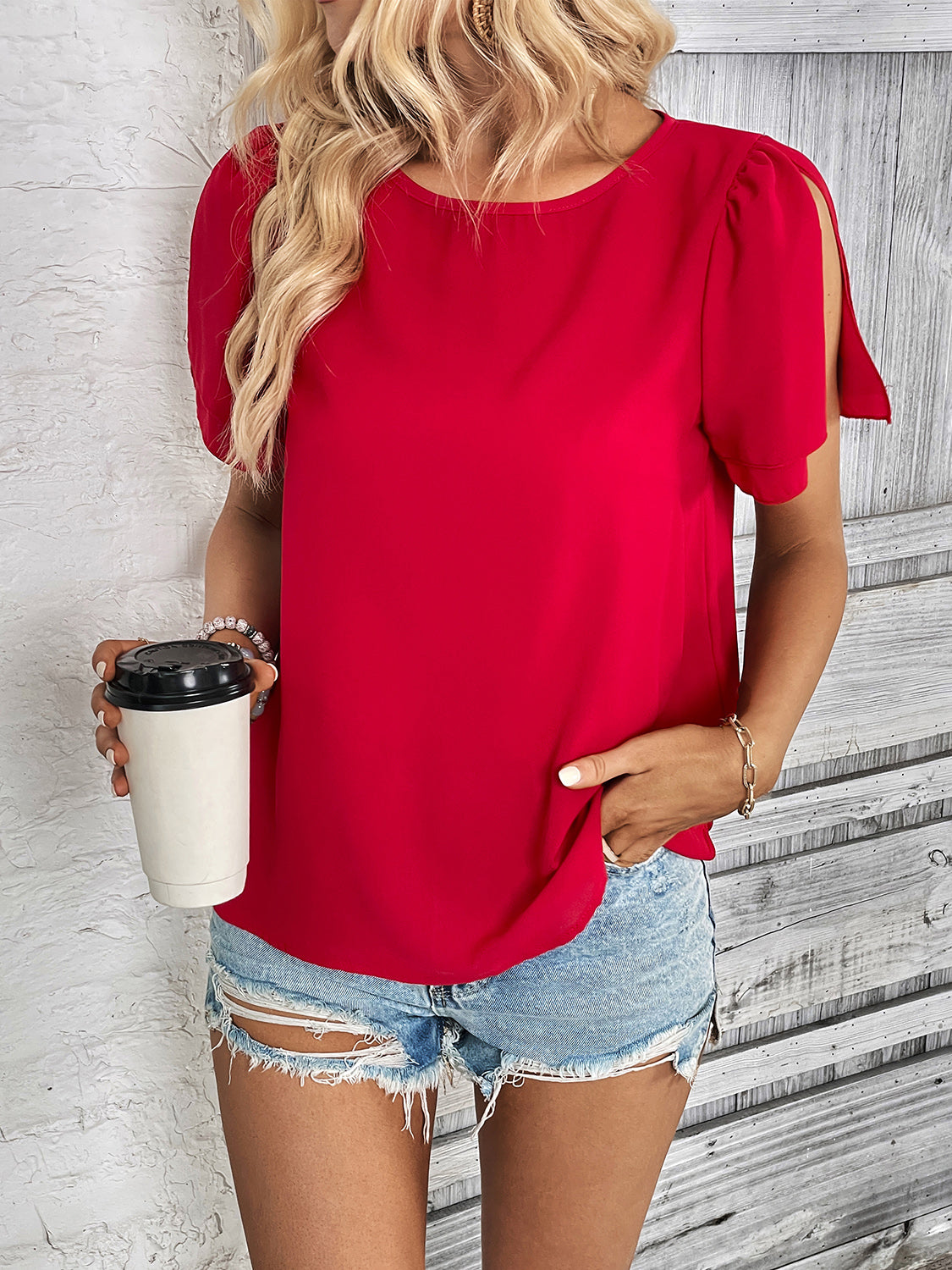 Perfee Round Neck Slit Short Sleeve Top