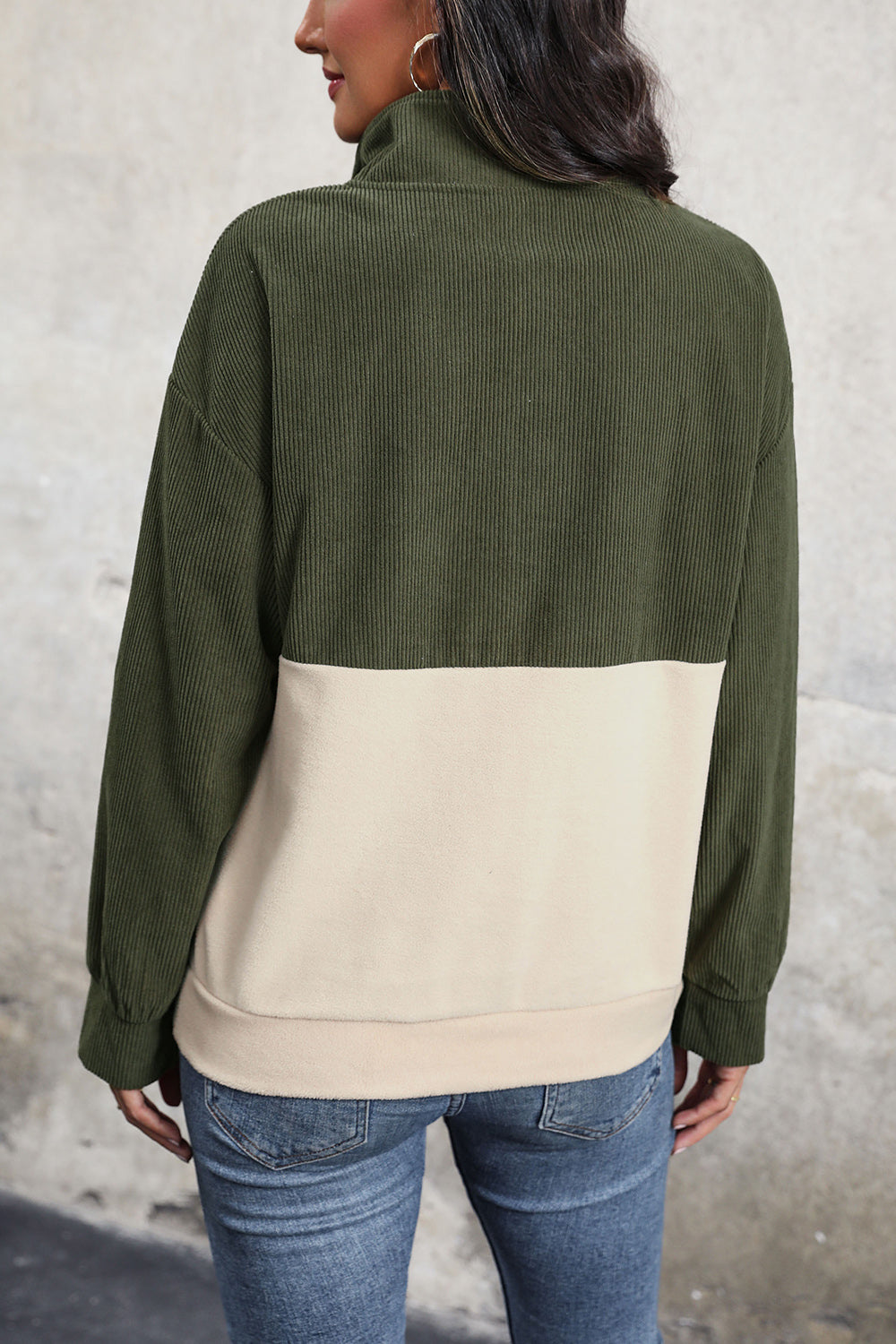 Perfee Ribbed Color Block Half Button Sweatshirt