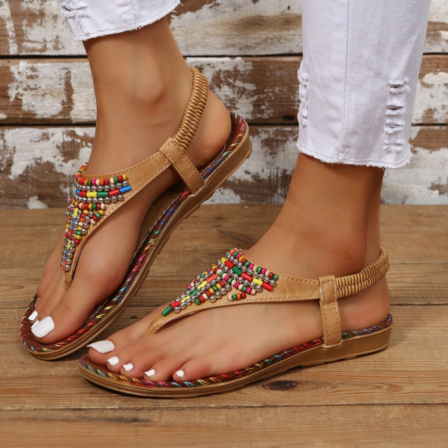 Beaded PU Leather Open Toe Sandals - ClozArt