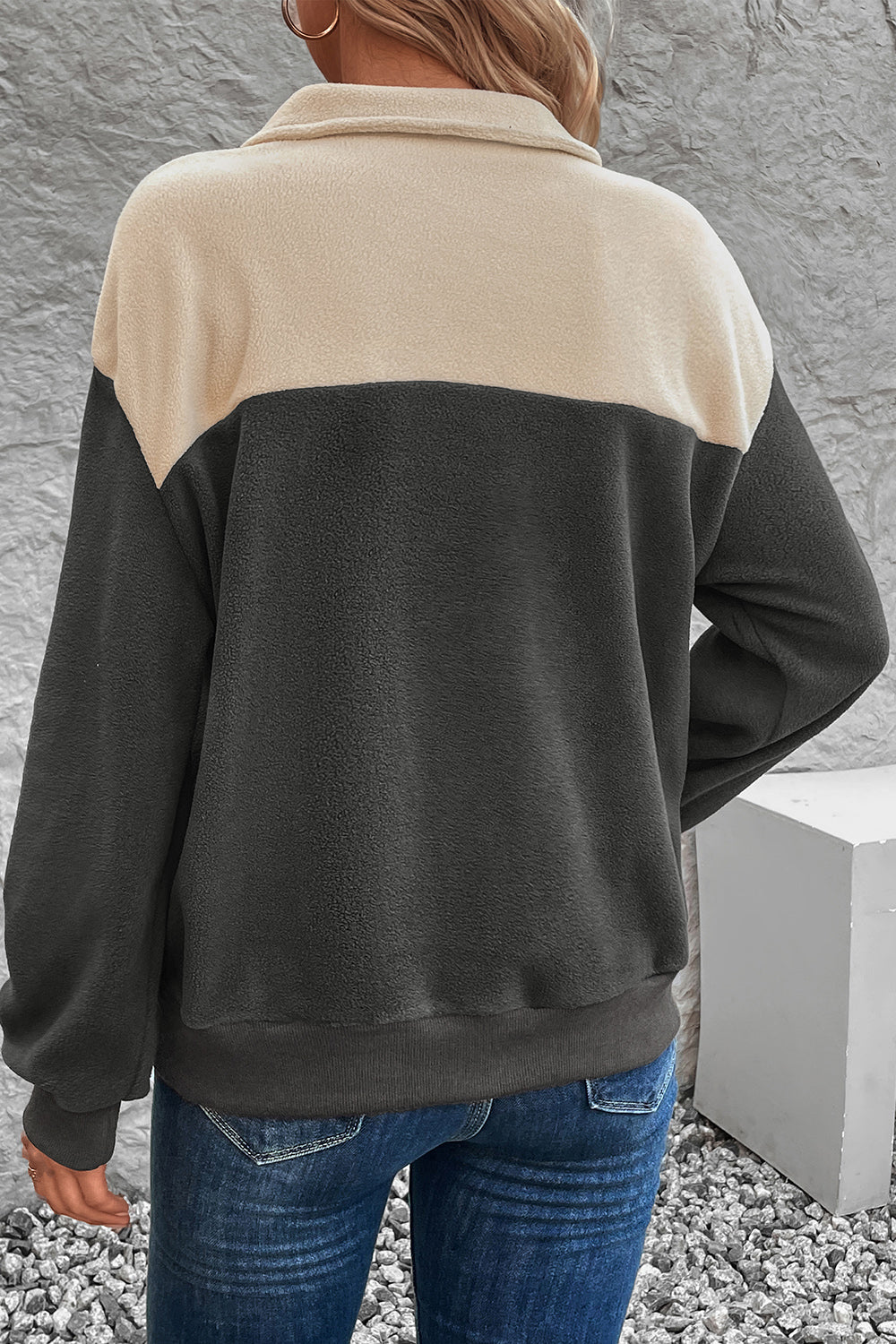 Perfee Color Block Quarter Button Dropped Shoulder Sweatshirt