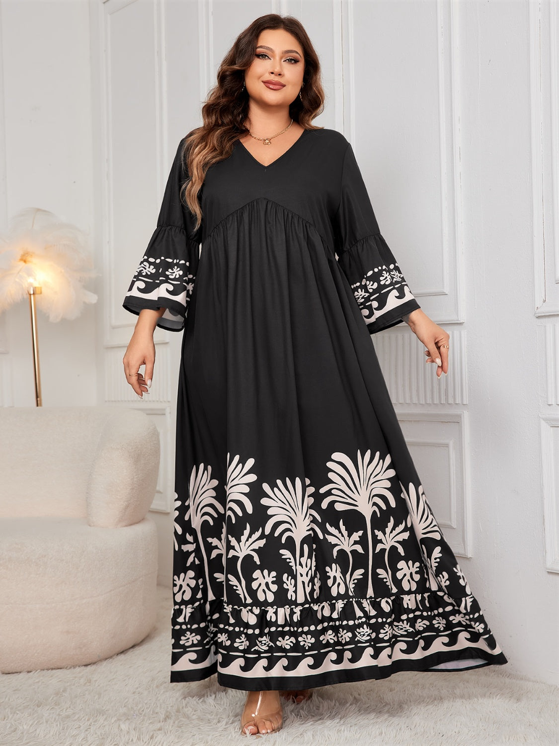 Honey Plus Size Printed V-Neck Long Sleeve Maxi Dress - ClozArt