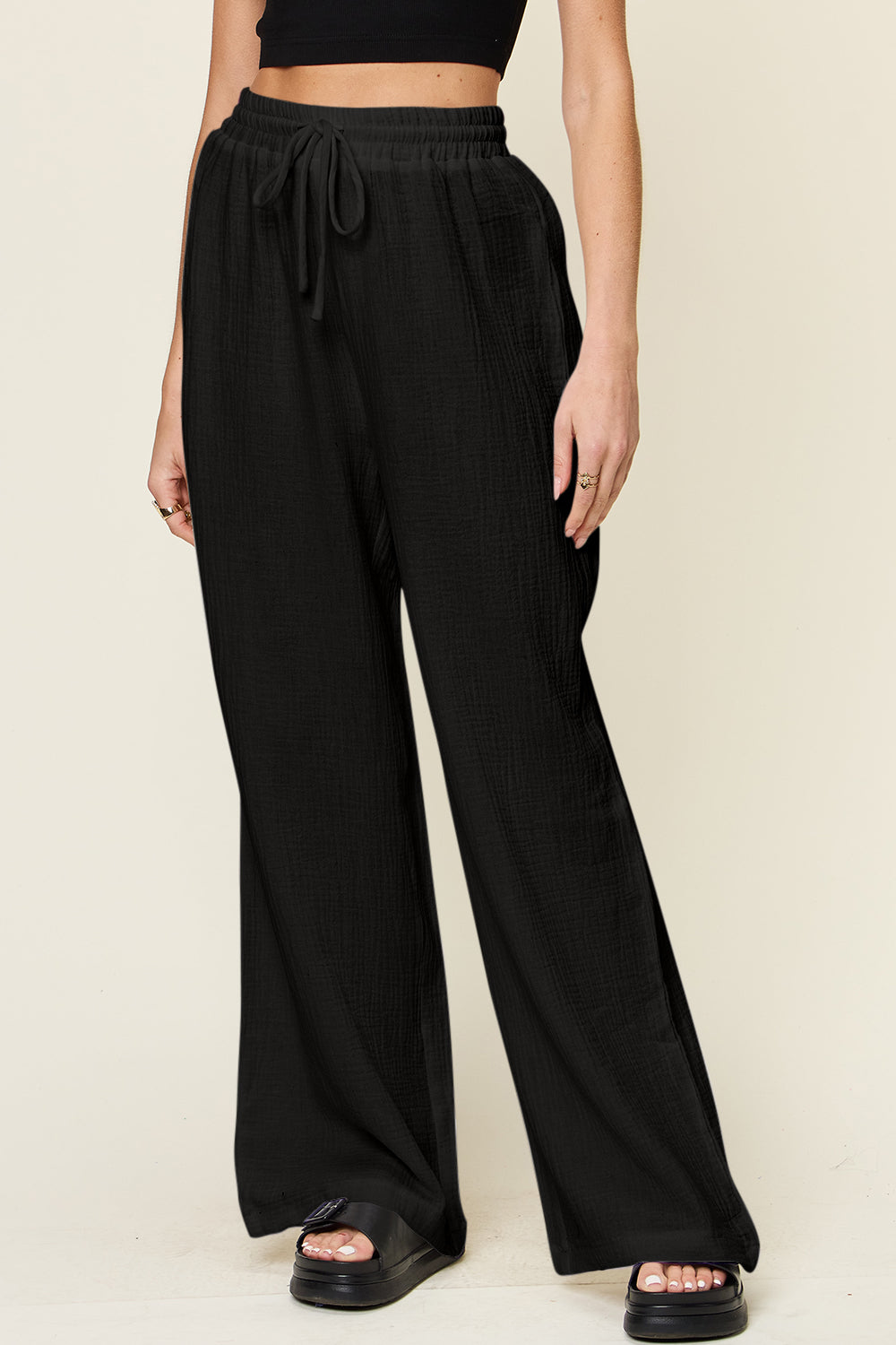 Double Take Full Size Texture Drawstring Wide Leg Pants - ClozArt