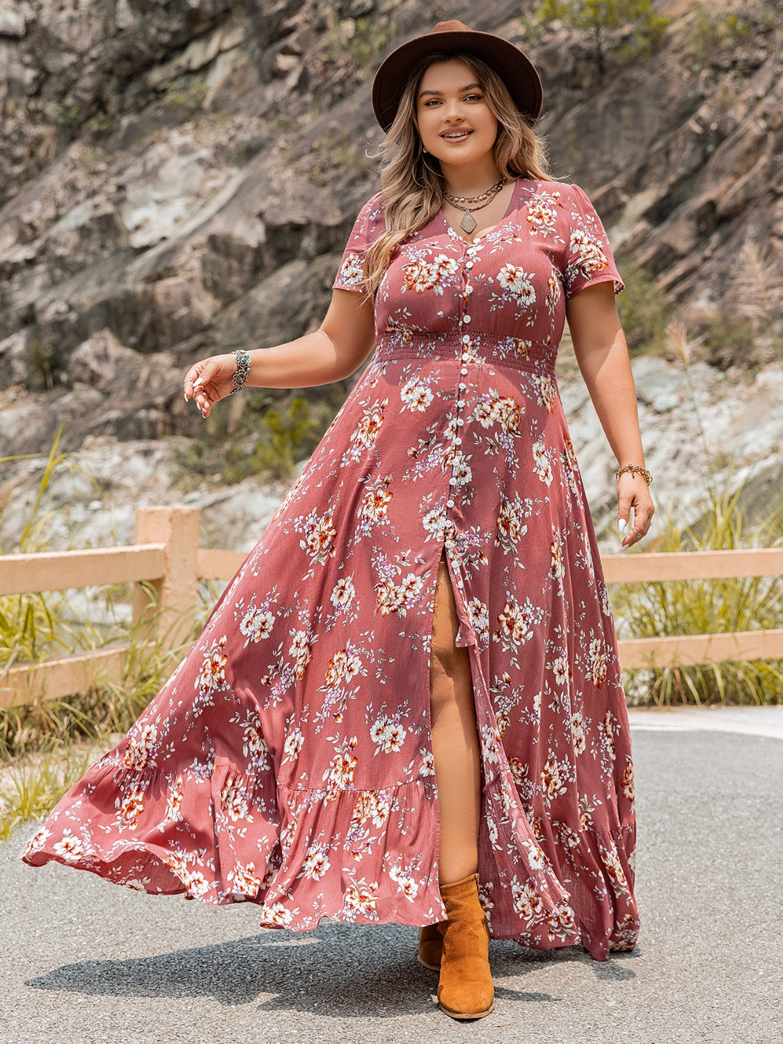 Plus Size Floral Slit Ruffle Hem Dress - ClozArt