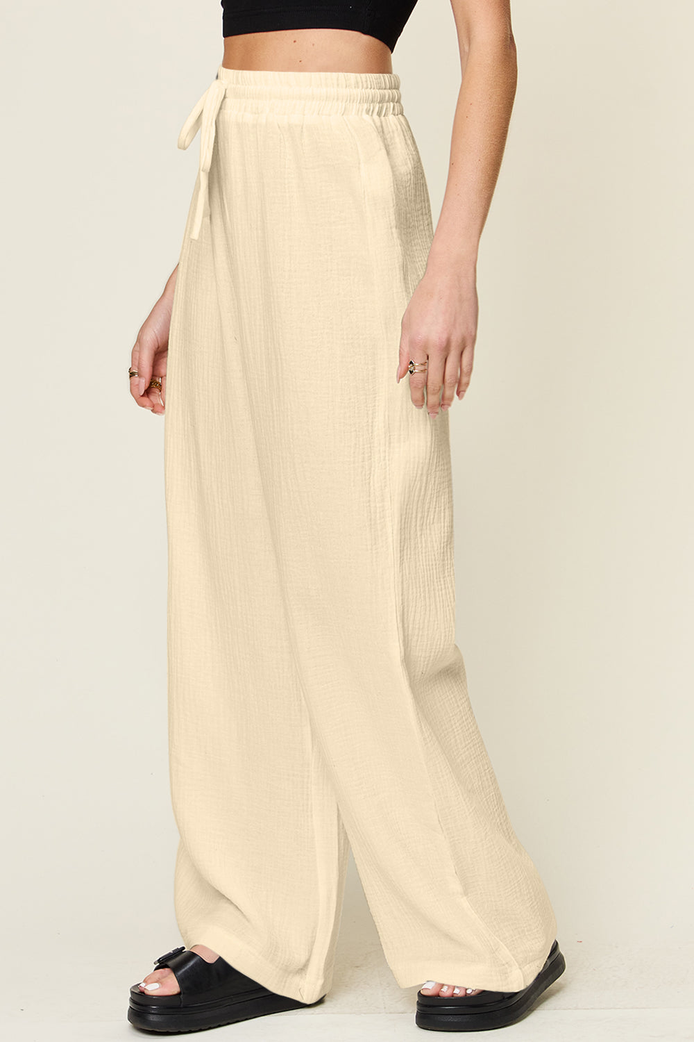 Double Take Full Size Texture Drawstring Wide Leg Pants - ClozArt