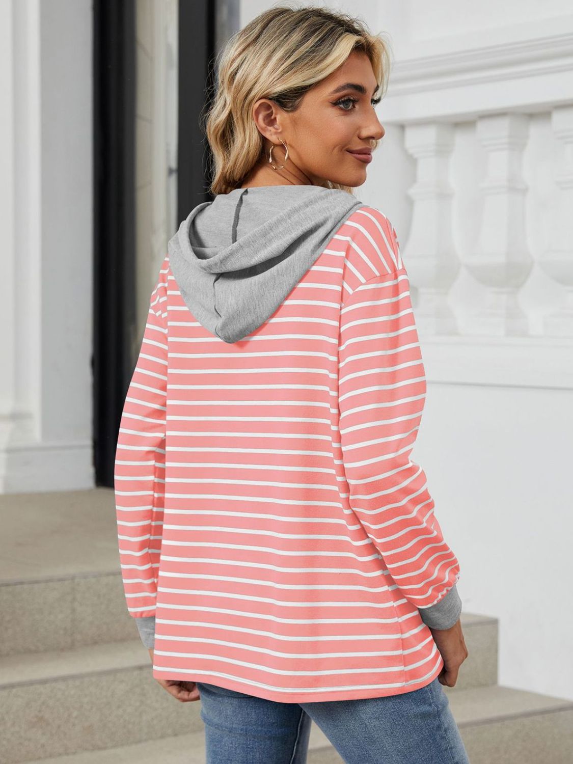 Drawstring Striped Long Sleeve Hoodie