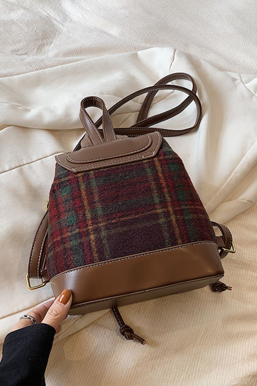 PU Leather Drawstring Plaid Backpack Bag - ClozArt