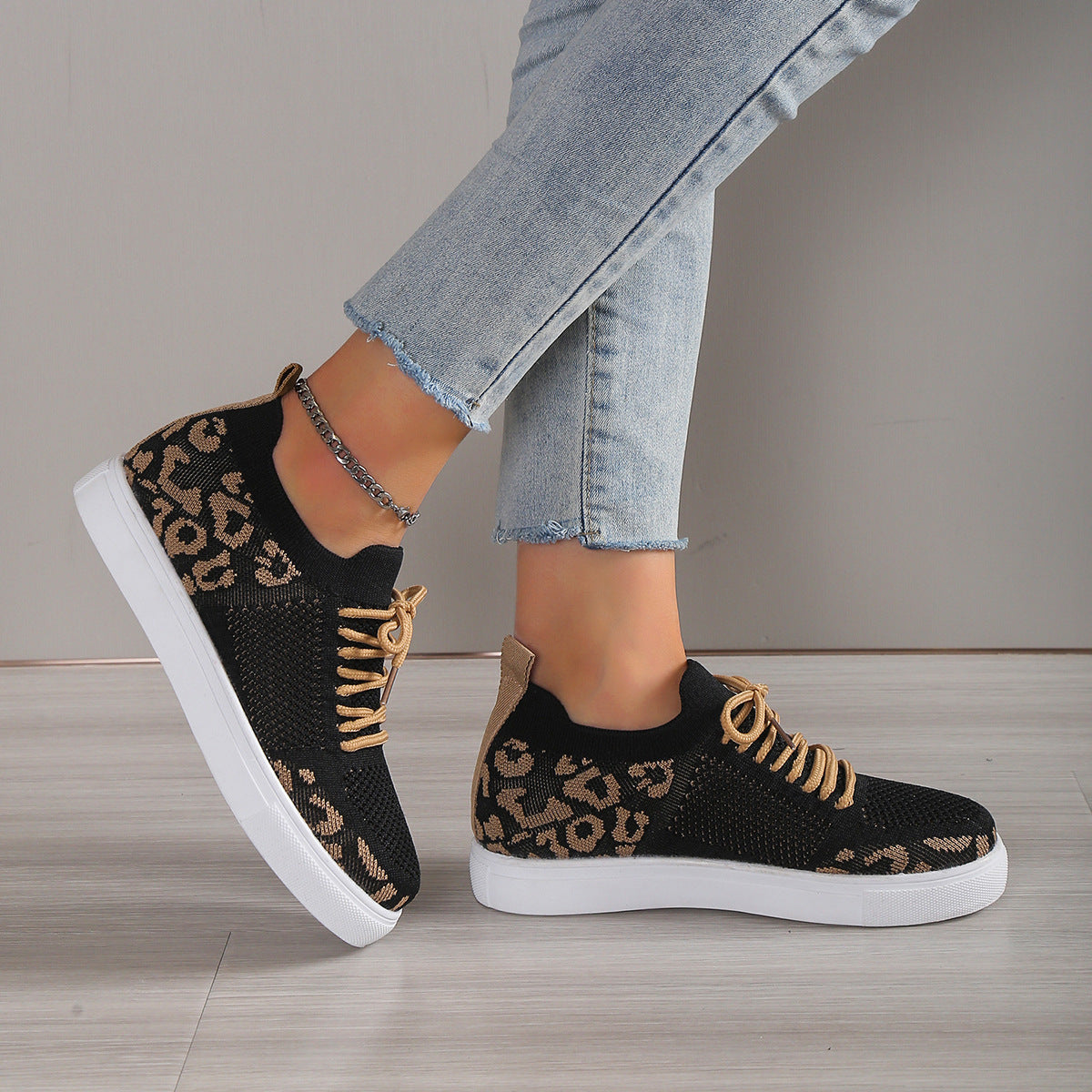 Lace-Up Leopard Flat Sneakers - ClozArt