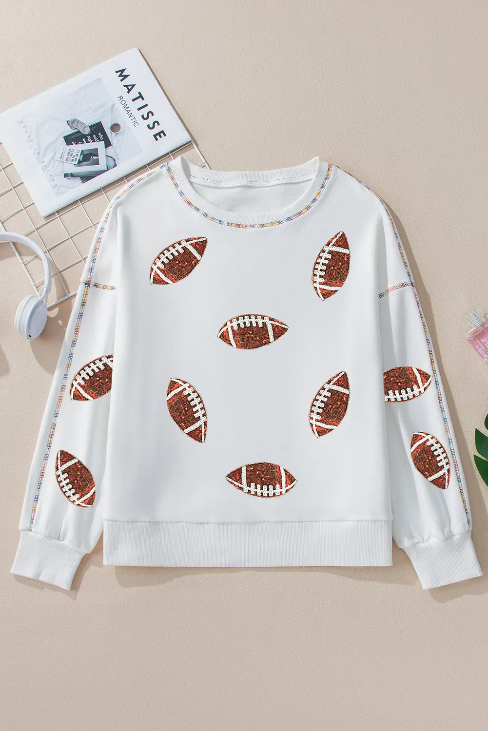 Sequin Football Round Neck Long Sleeve Sweatshirt