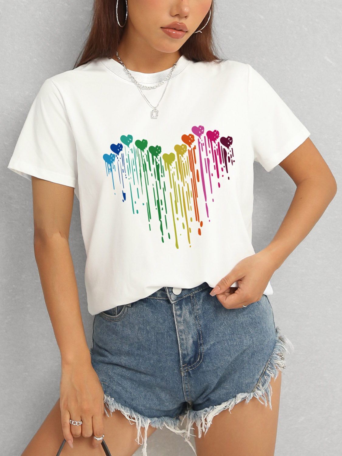 Heart Round Neck Short Sleeve T-Shirt