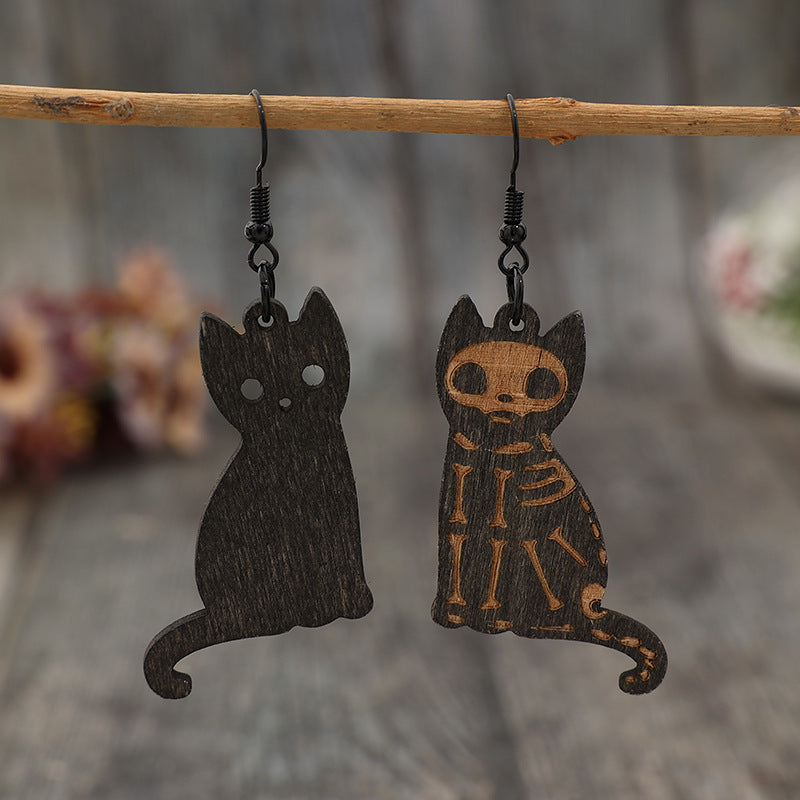 Alloy Hook Wooden Cat Earrings - ClozArt