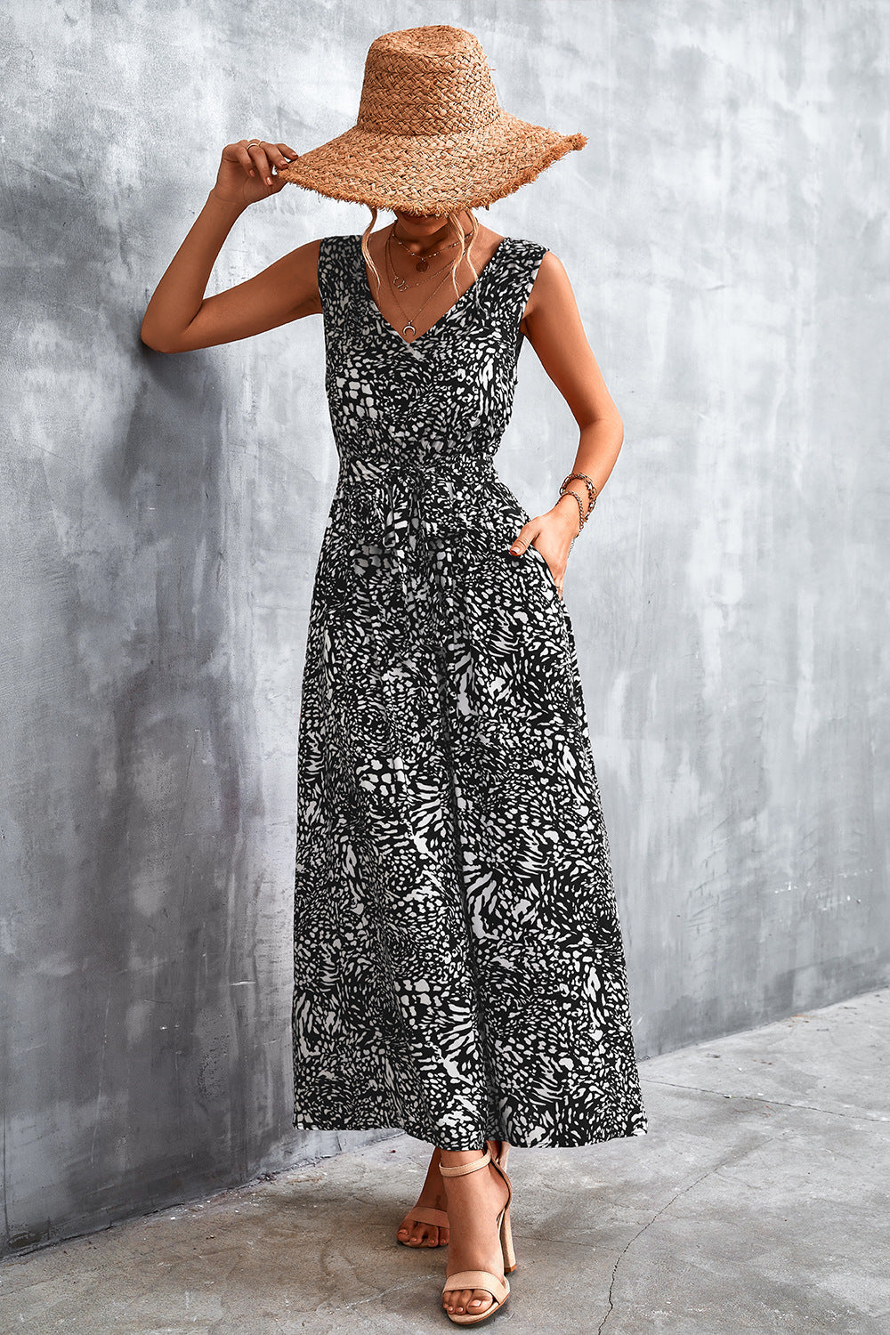 Printed V-Neck Tie Waist Maxi Dress - ClozArt