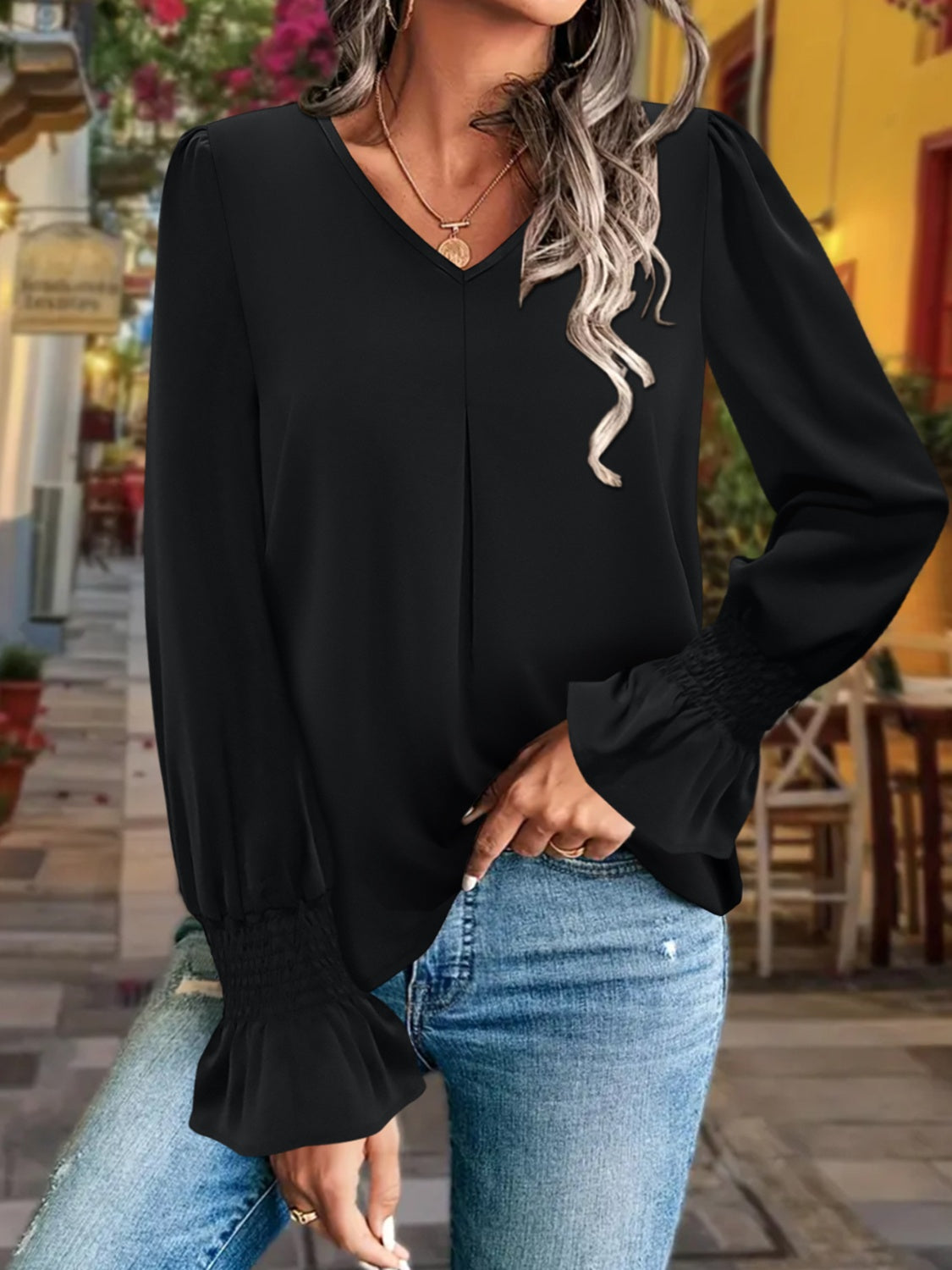 V-Neck Flounce Sleeve Blouse