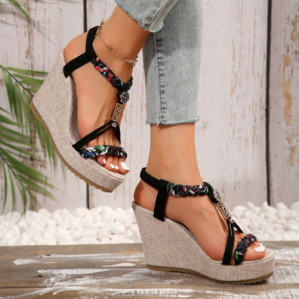 Braided Strap Wedge Sandals - ClozArt