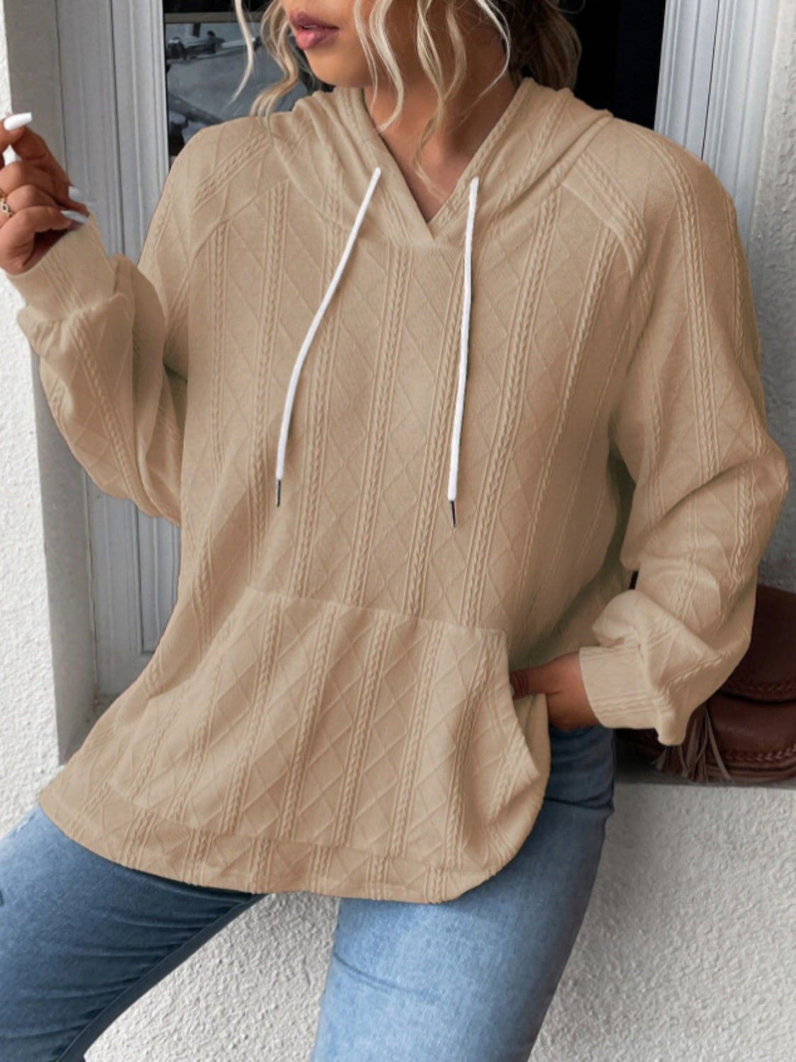 Textured Drawstring Kangaroo Pocket Hoodie