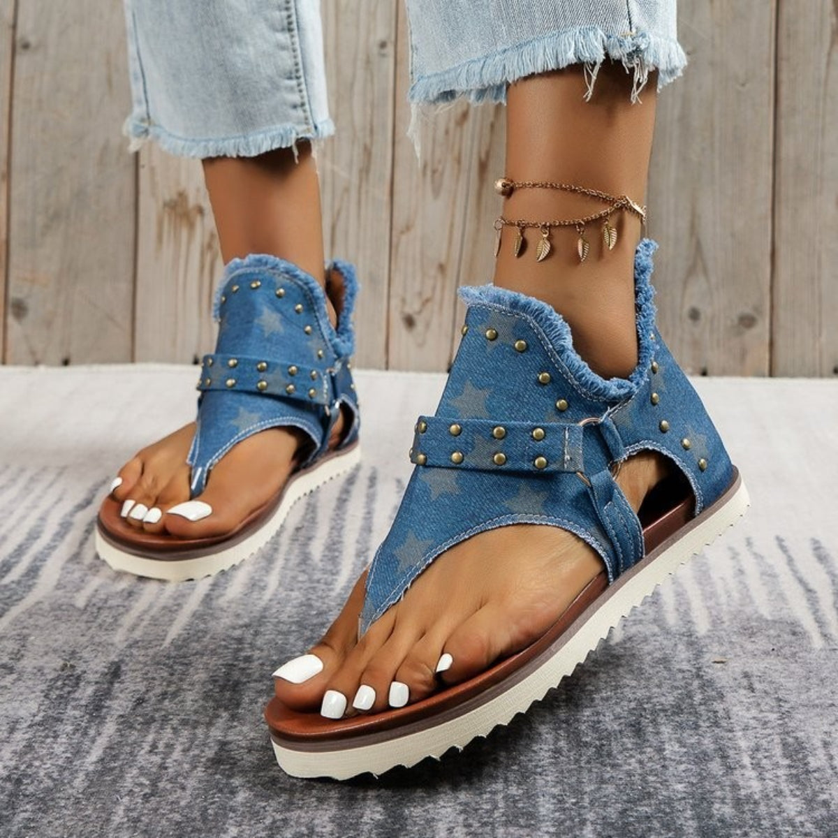 Studded Raw Hem Flat Sandals - ClozArt