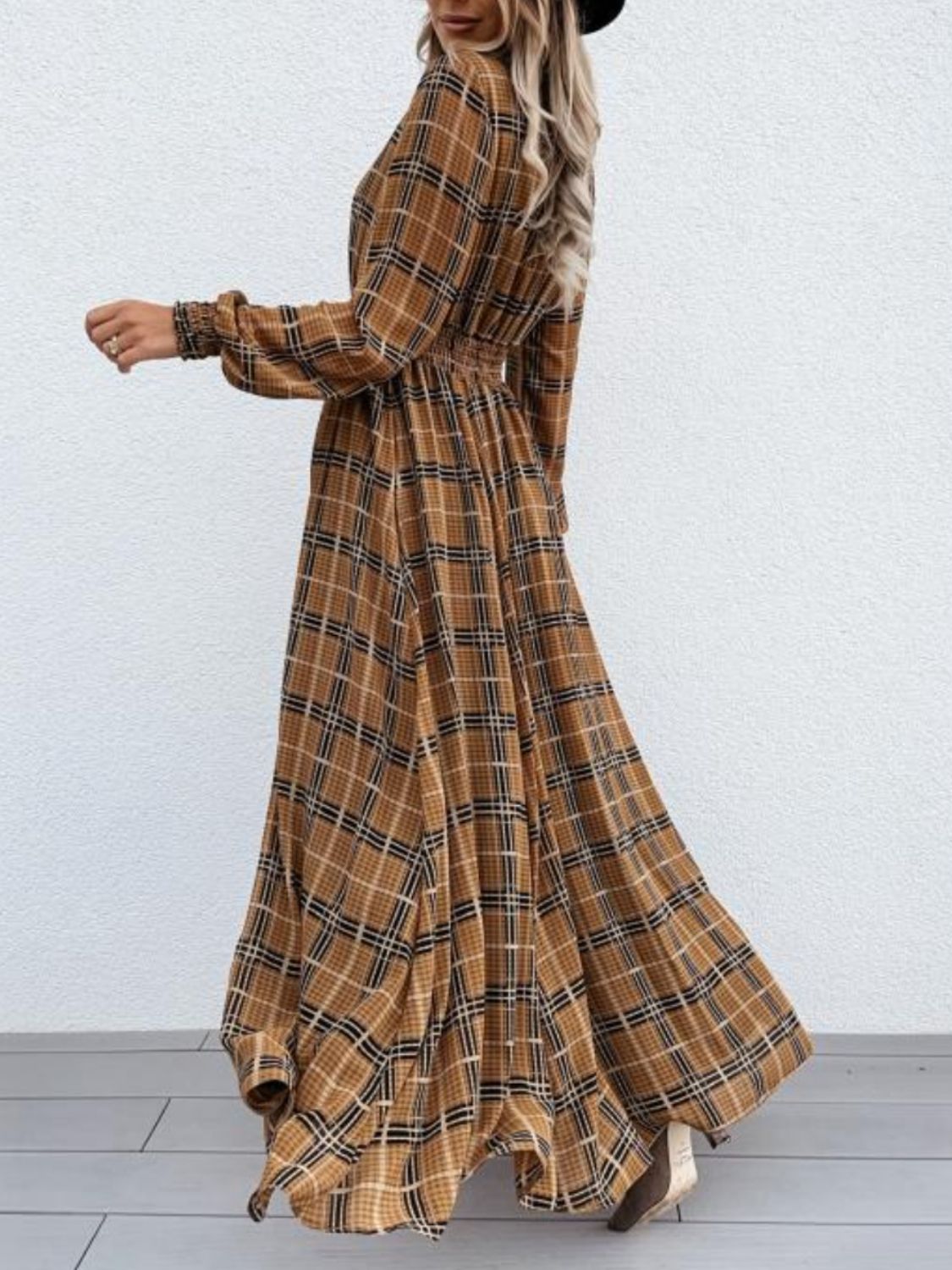 Slit Plaid Tie Neck Long Sleeve Maxi Dress - ClozArt