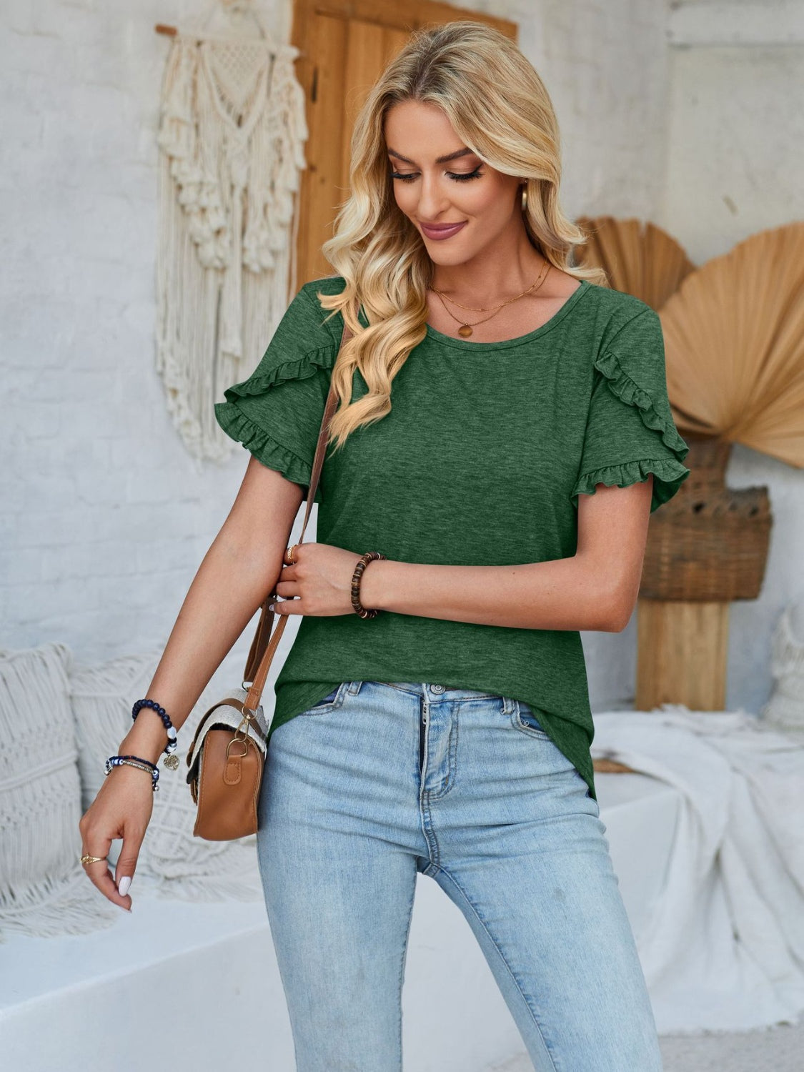 Frill Round Neck Petal Sleeve Blouse