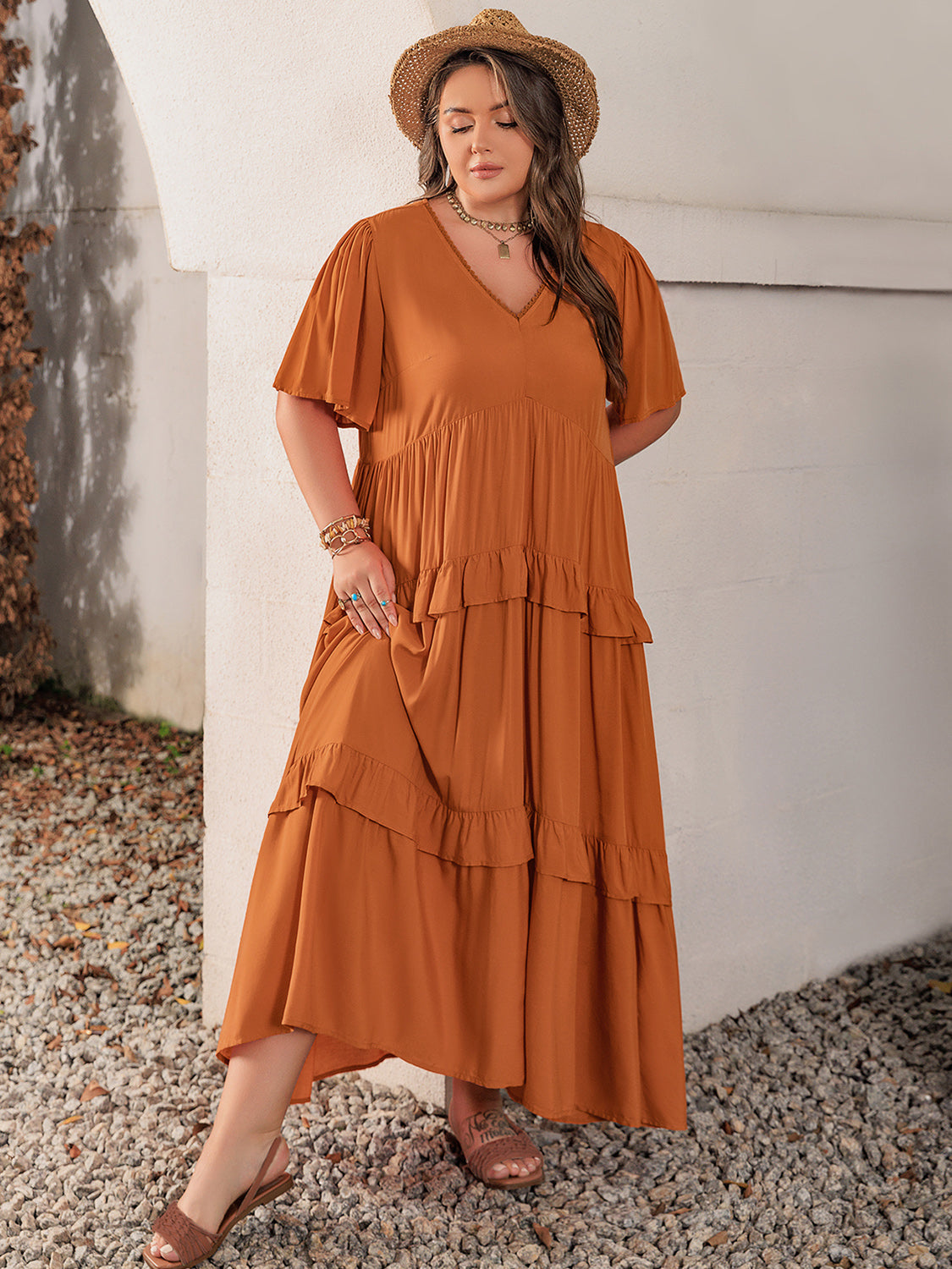 Plus Size V-Neck Flutter Sleeve Maxi Dress - ClozArt