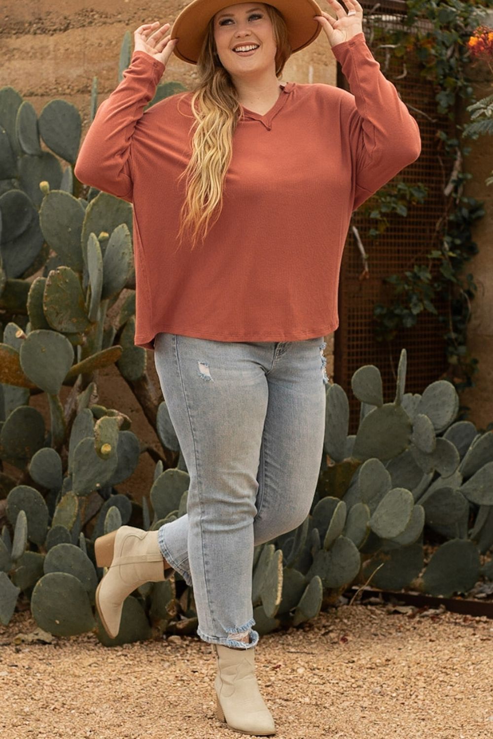 Plus Size Notched Long Sleeve T-Shirt