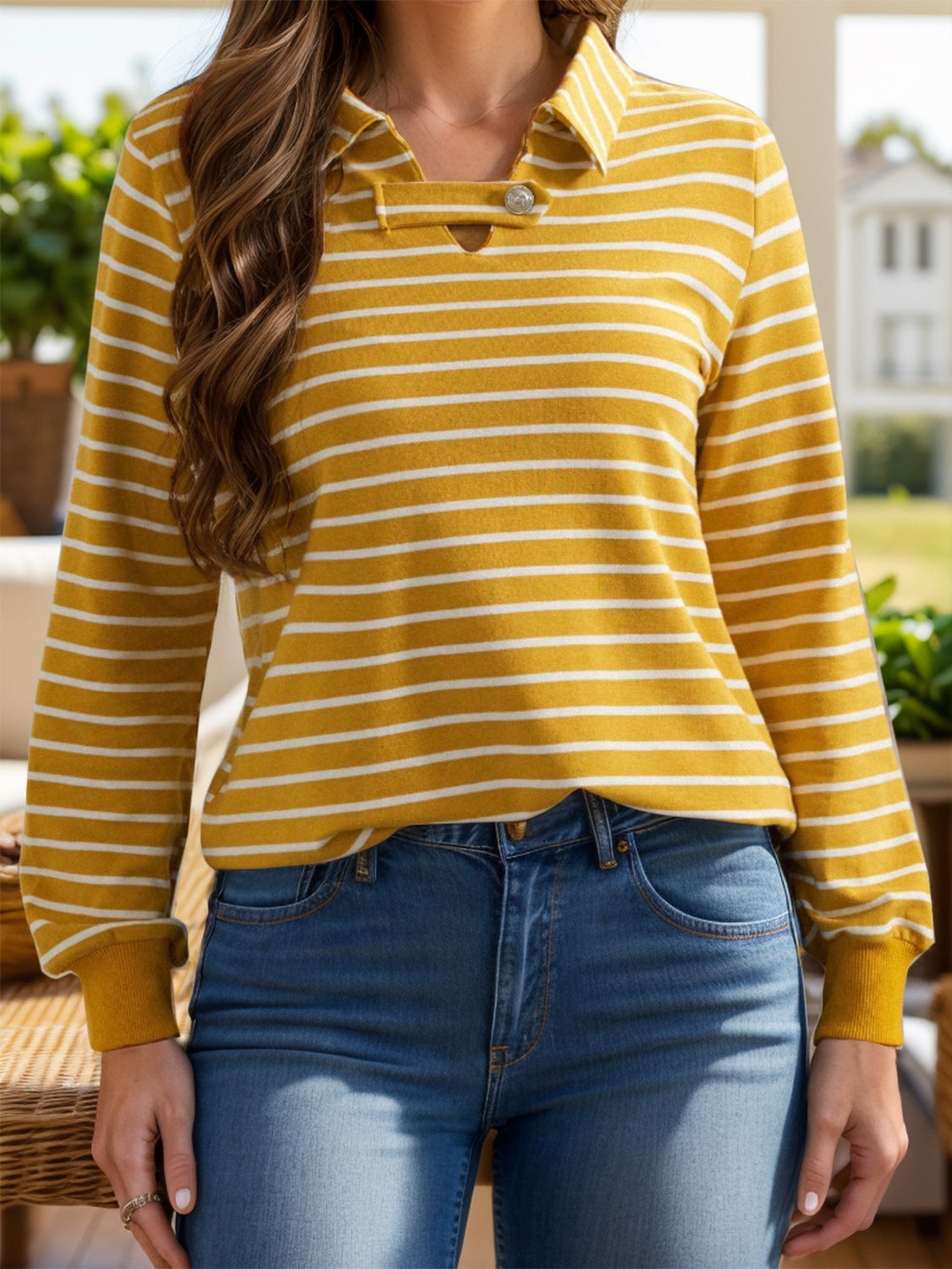 Striped Johnny Collar Long Sleeve T-Shirt