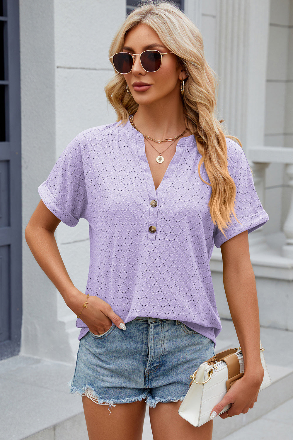 Eyelet Notched Short Sleeve T-Shirt