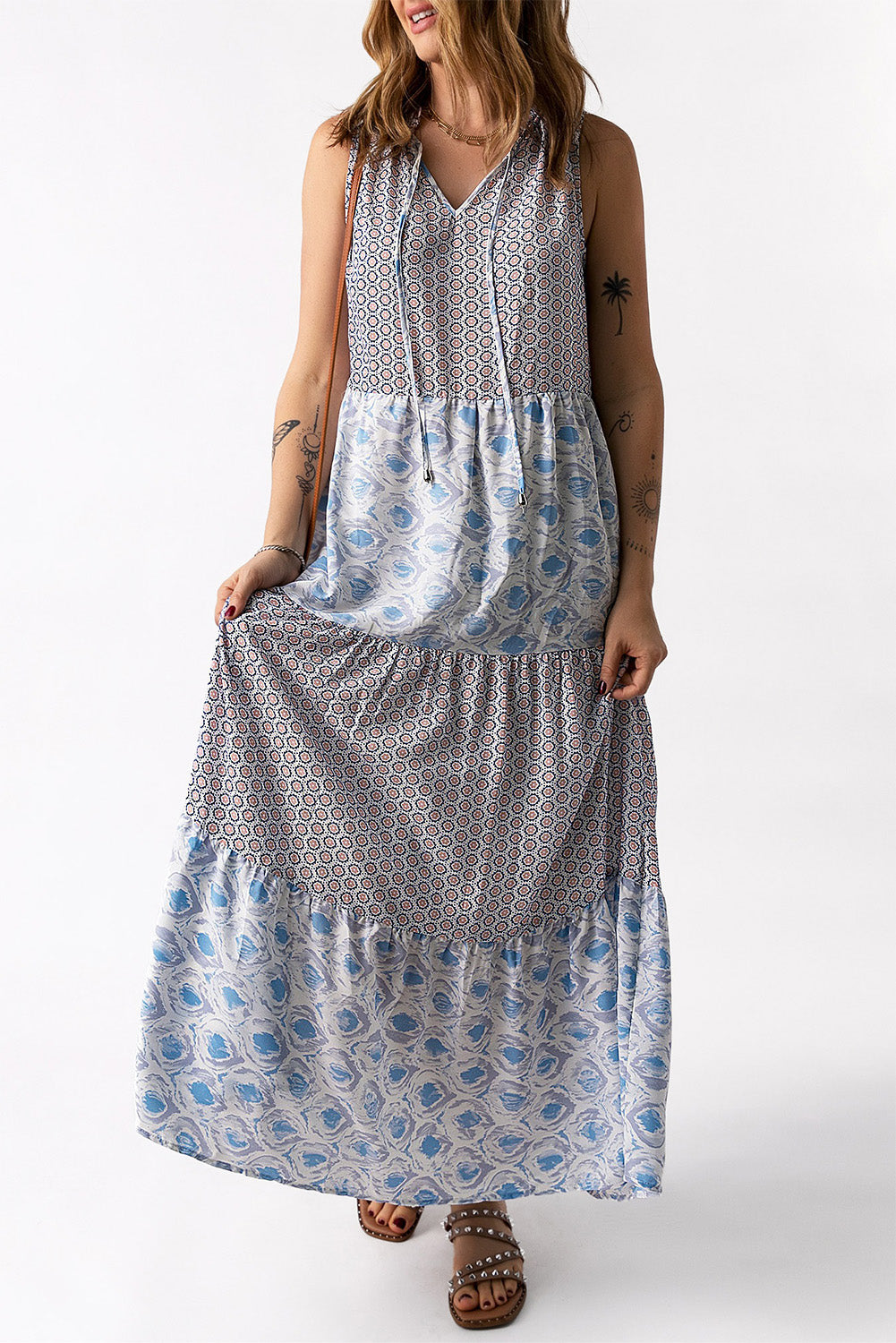 Mixed Print Tie-Neck Sleeveless Maxi Dress - ClozArt